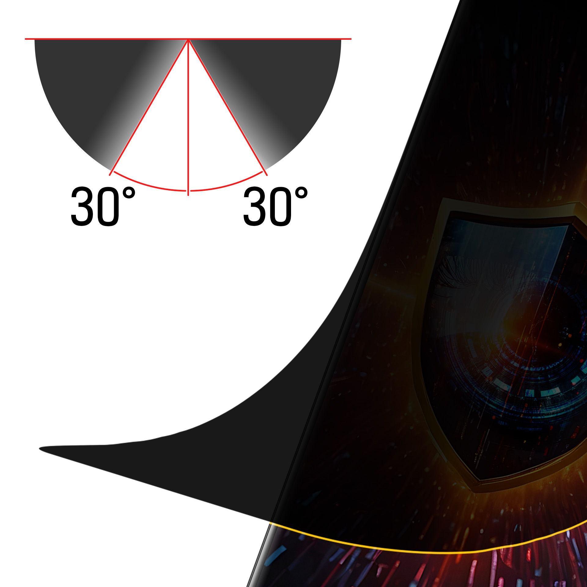 Obraz przedstawia czarny kształt z kątami 30 stopni i grafikę w kształcie tarczy z motywem oka. Białe tło.