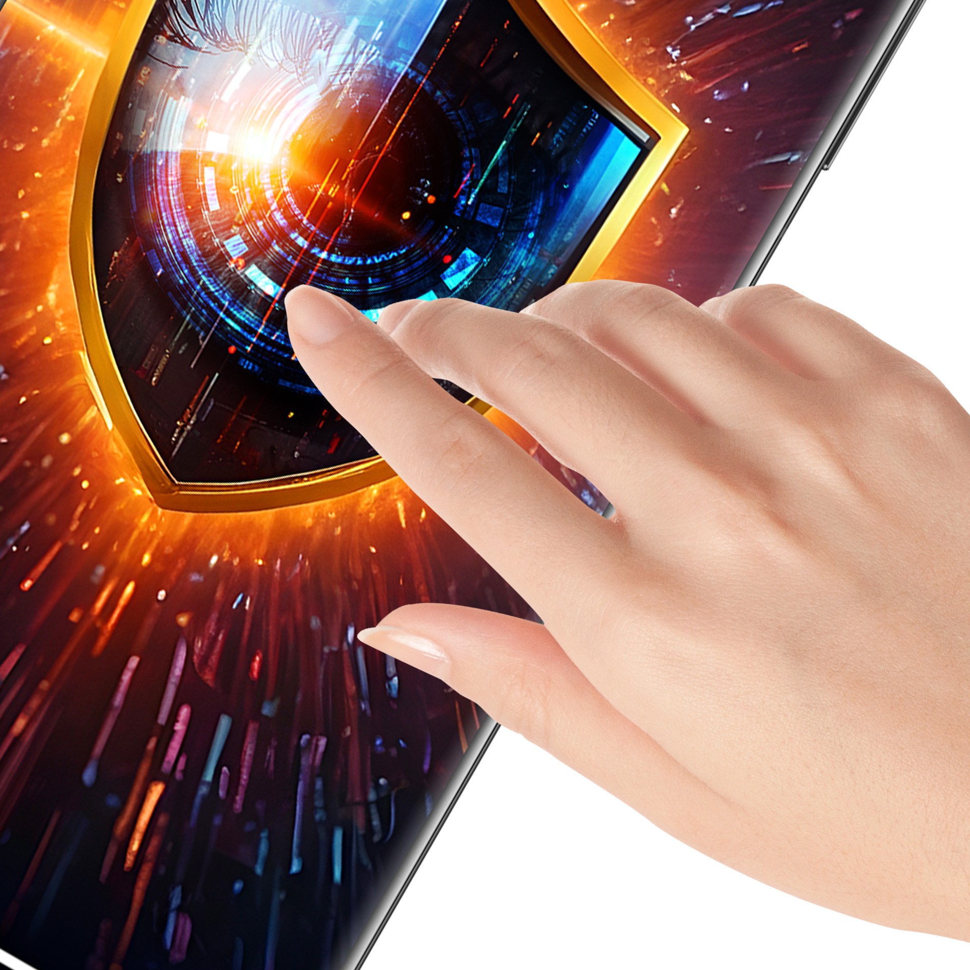 Dłoń dotyka ekranu wyświetlającego tarczę z cyfrowymi wzorami. Jasne światło emanuje ze środka.