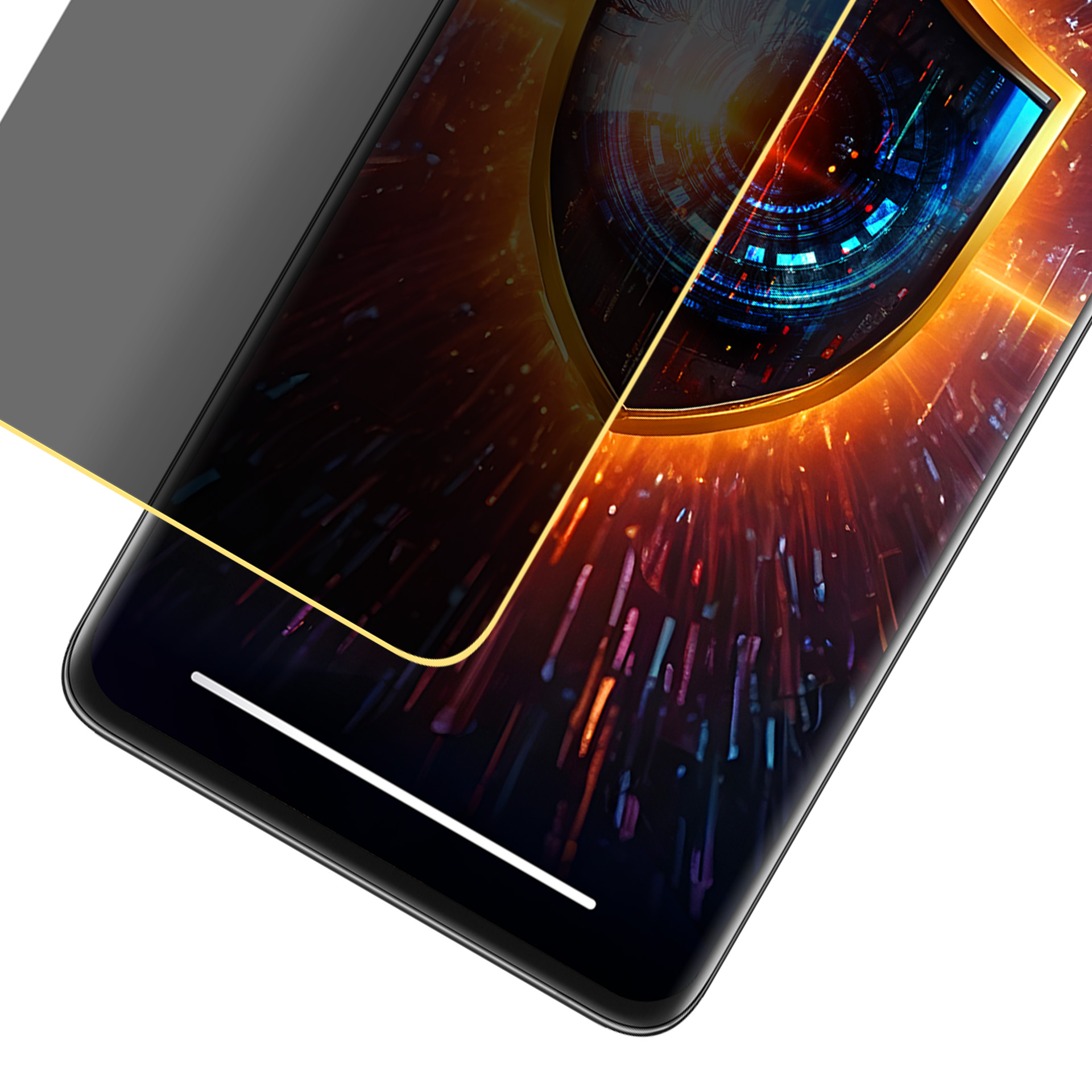 Ekran smartfona z futurystycznym designem w złotej ramie. Nałożony jest ciemny filtr prywatności. Tło świeci.