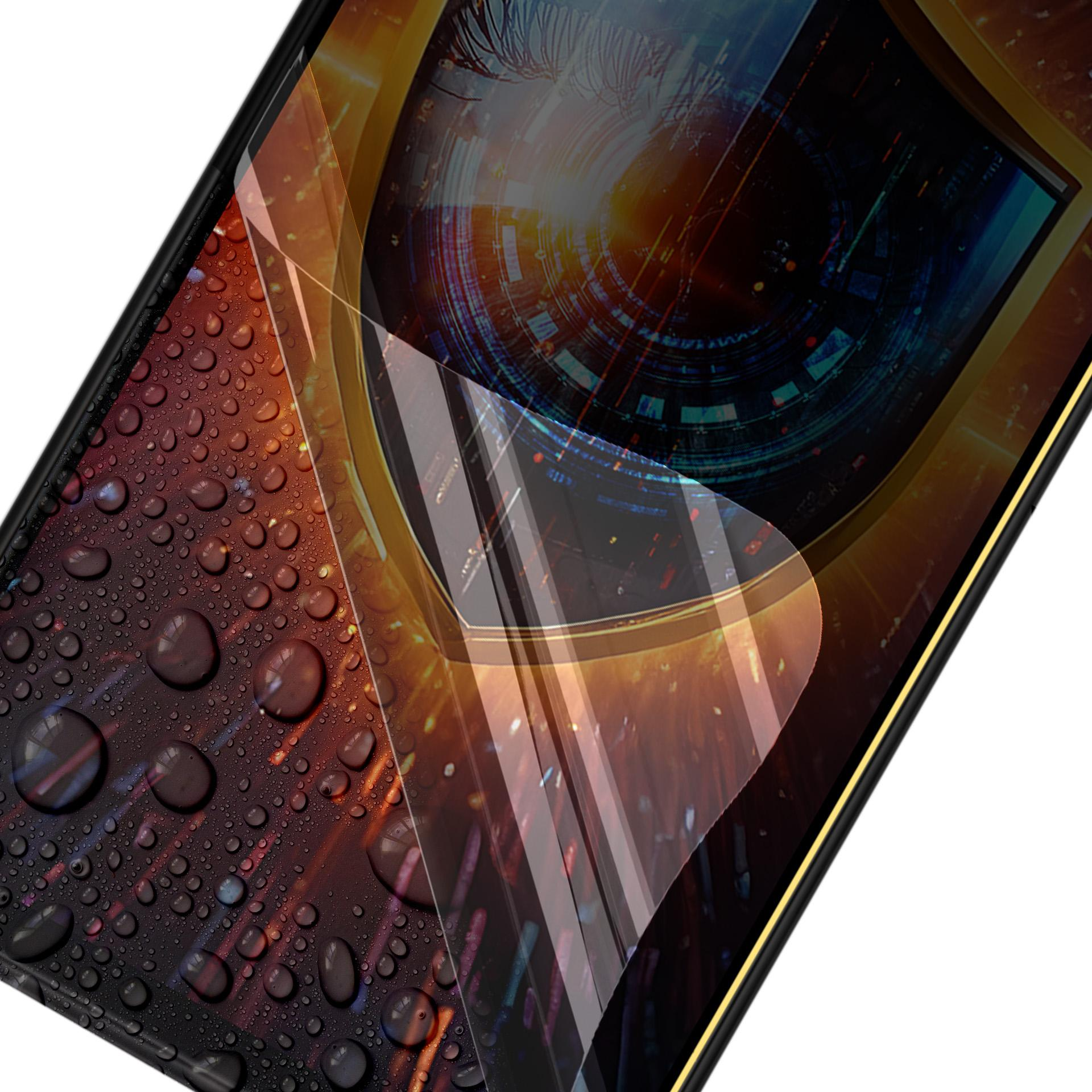 Uno schermo del telefono ricoperto di gocce d'acqua. Lo schermo mostra un design futuristico a forma di occhio.