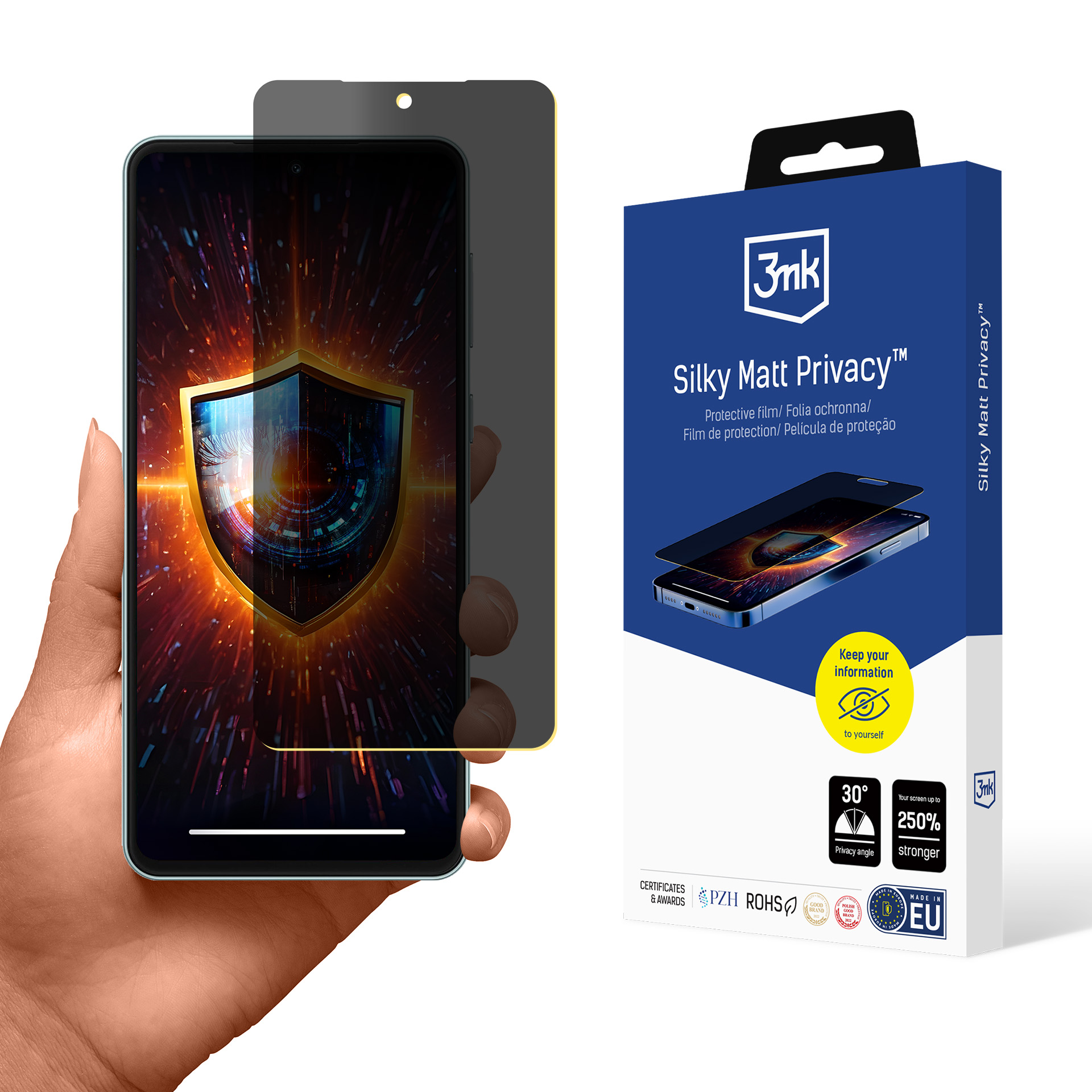 Mano che tiene un telefono con schermo privacy, accanto a una scatola blu con dettagli del prodotto. Sfondo bianco.
