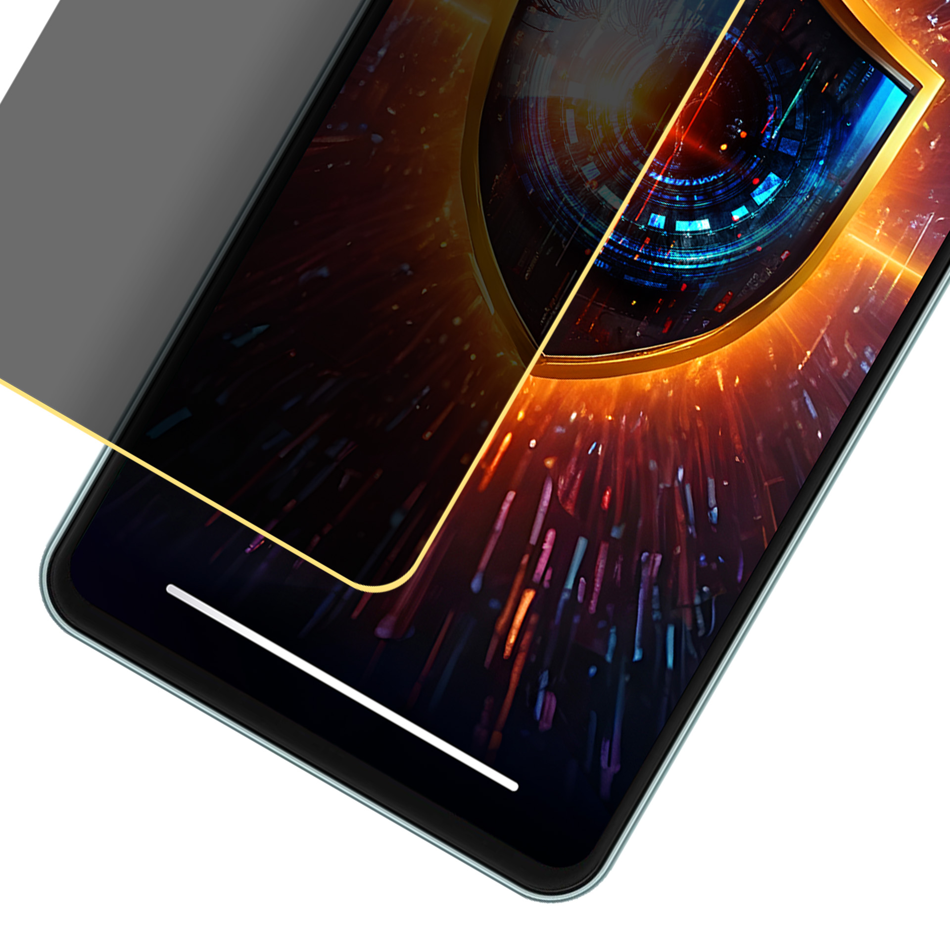 Schermo dello smartphone che mostra un design di occhi digitale. Il telefono è verde acqua, con una copertura grigia. Il design digitale è arancione e blu.