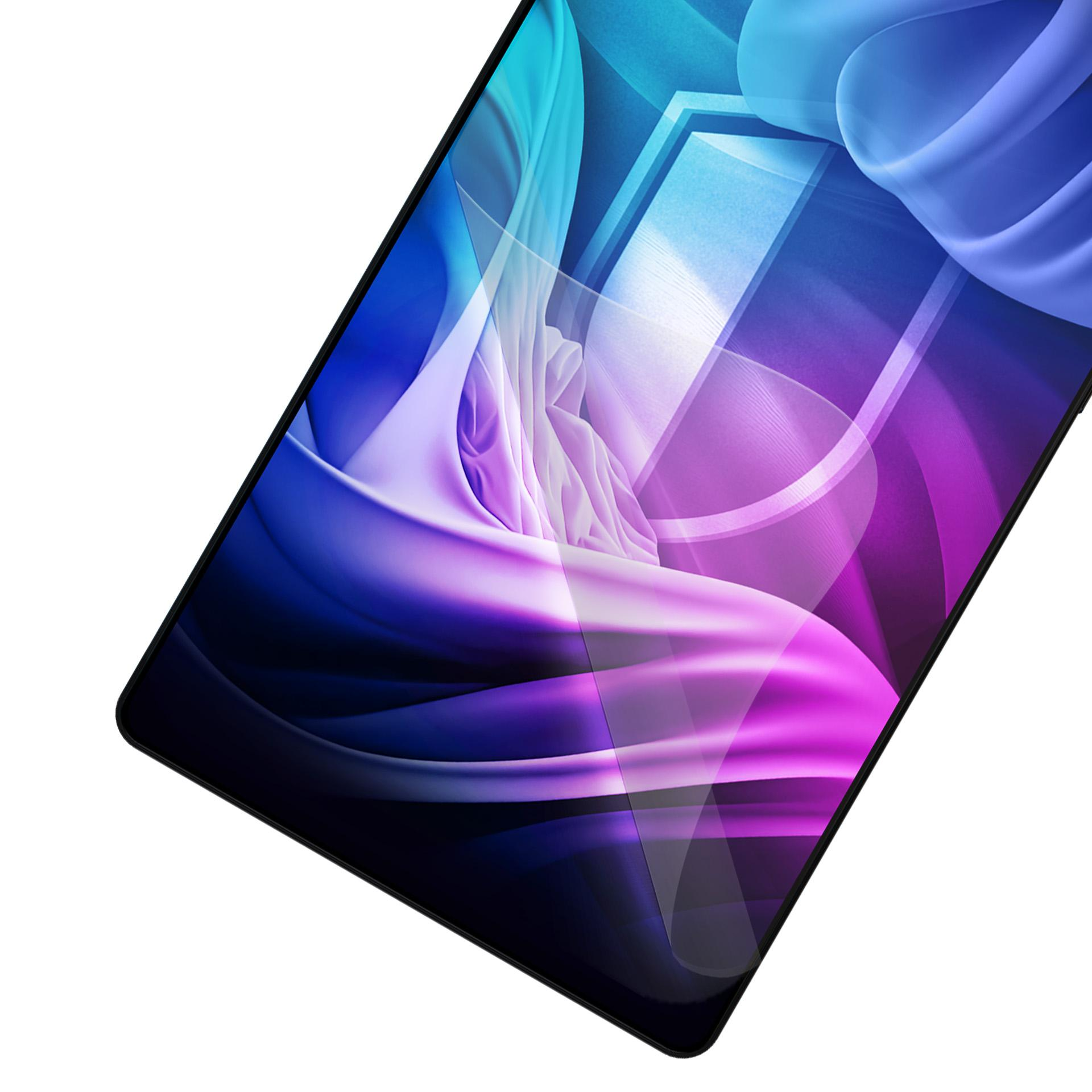 Tablet z czarną krawędzią i kolorowym abstrakcyjnym wzorem w kolorach niebieskim, fioletowym i białym. Tło jest białe.