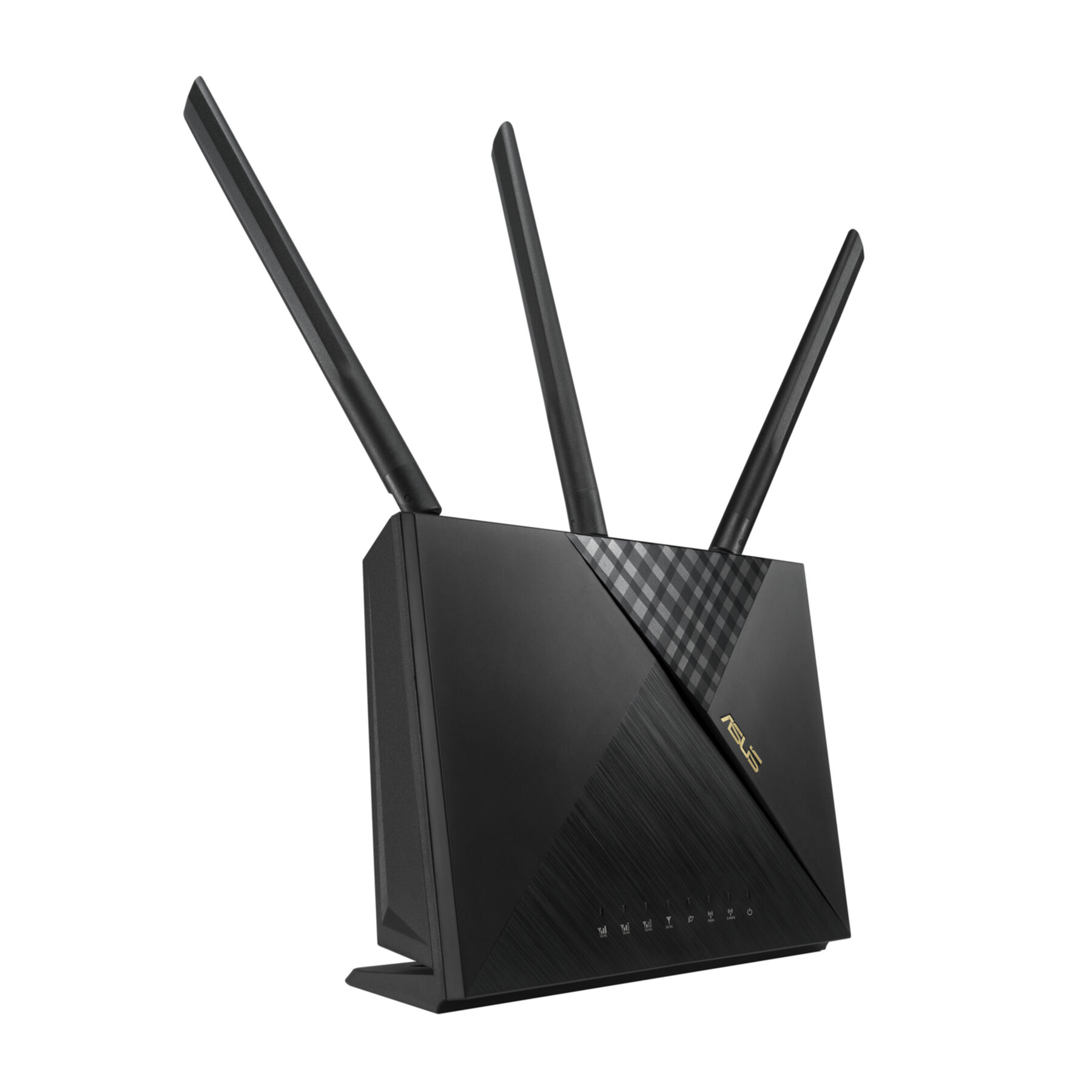 Ein schwarzer ASUS-Router mit drei Antennen. Das Logo ist goldfarben. Der Hintergrund ist weiß. Der Router ist abgewinkelt.