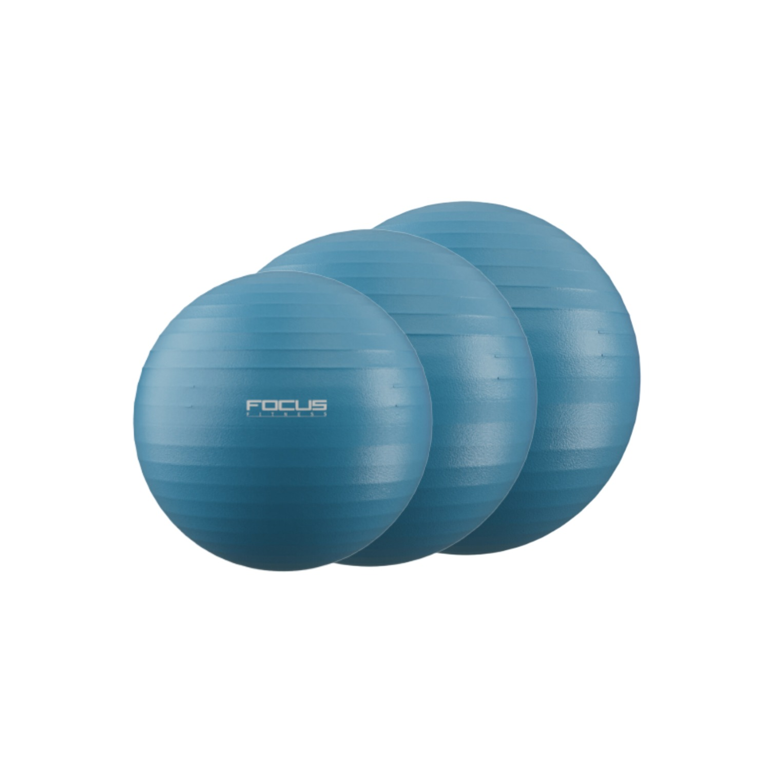Drie blauwe oefenballen. De dichtstbijzijnde heeft 'FOCUS FITNESS' erop. Horizontale lijnen bedekken de oppervlakken.