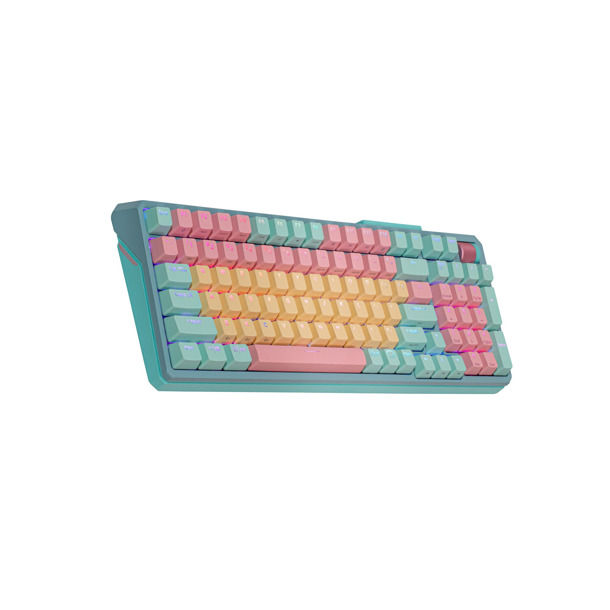 Kolorowa klawiatura mechaniczna z turkusową ramką i wielokolorowymi klawiszami (różowy, żółty, turkusowy). Izolowana na białym tle.