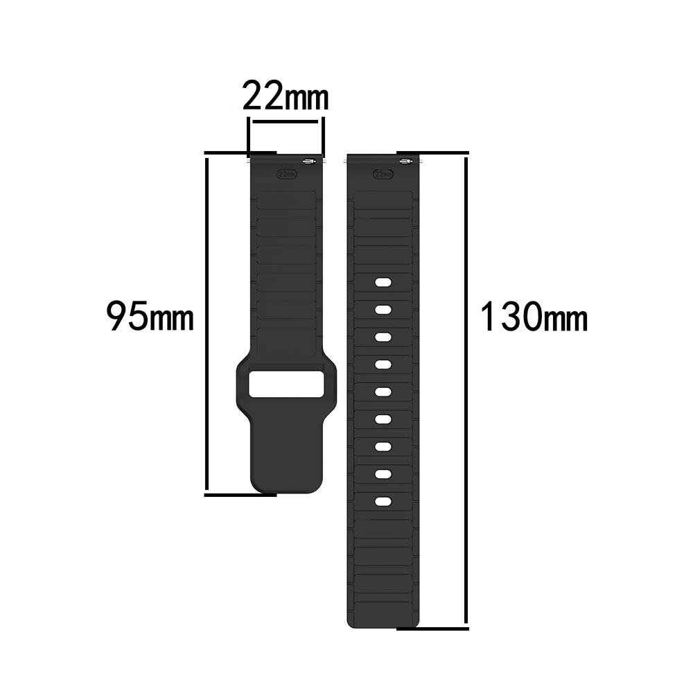 Siyah saat kayışları, ölçüler: 22mm genişlik, 95mm ve 130mm uzunluk. Ölçüler siyah çizgiler ve metin ile gösterilmiştir.