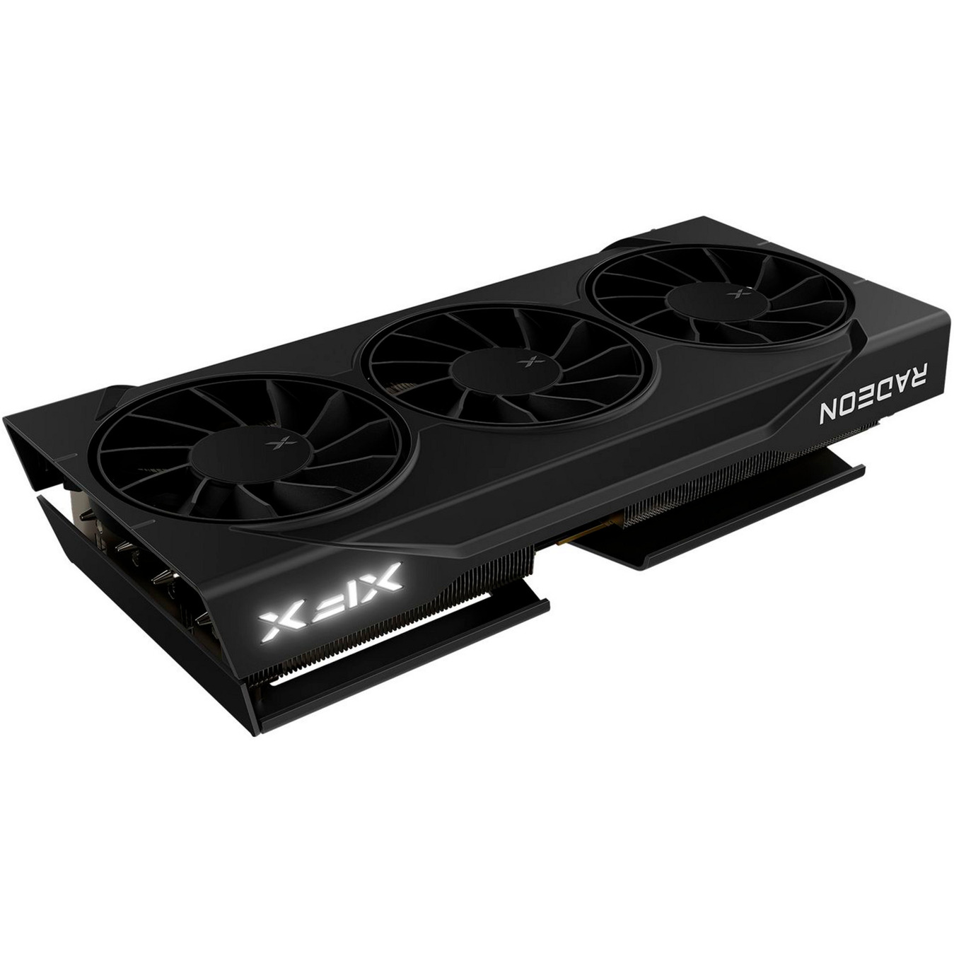 Czarna karta graficzna XFX Radeon z trzema wentylatorami. Widoczne logo Radeon i XFX. Posiada metaliczne wykończenie i czarny design.