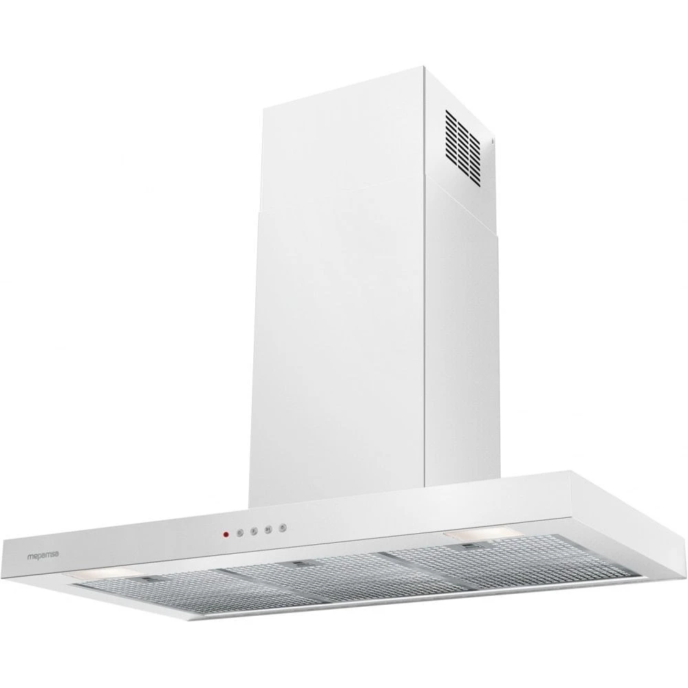 Una campana extractora blanca con forma rectangular. Tiene un filtro de malla y luces. La parte superior también es blanca y rectangular.