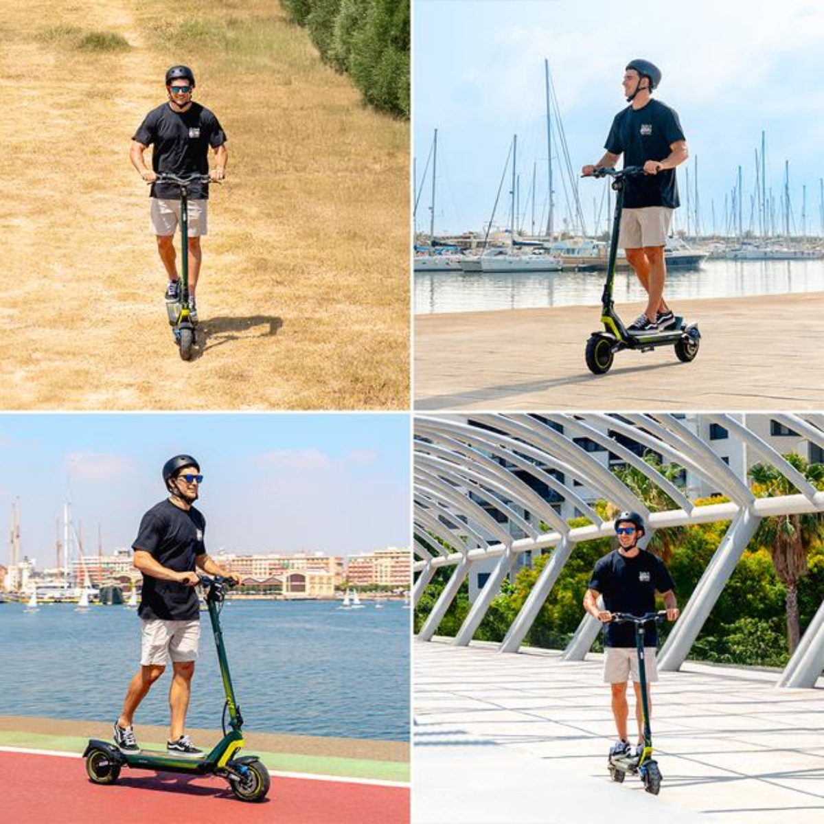 Un hombre monta en un patinete eléctrico. Lleva casco y gafas de sol. El patinete es negro y amarillo. Fondo varía: hierba, mar, puente.