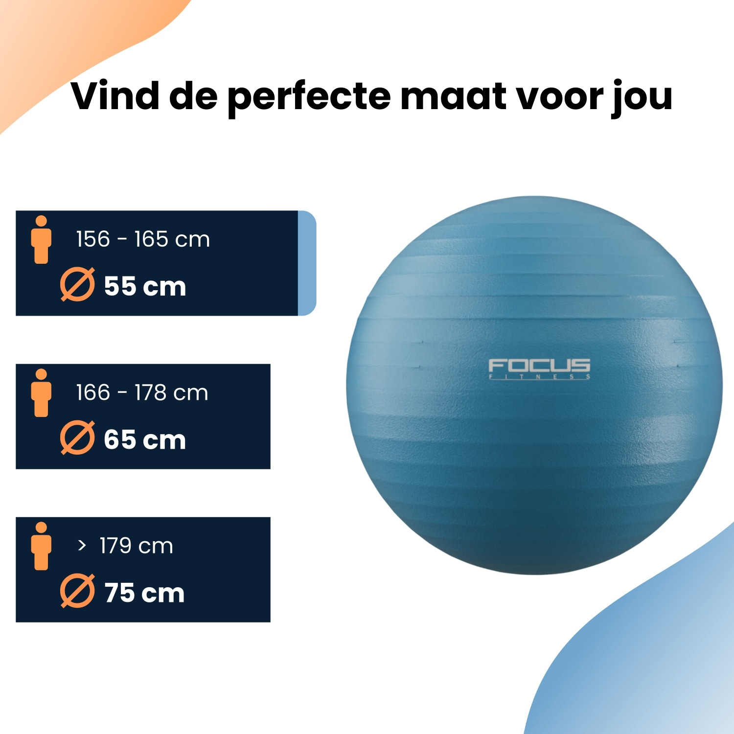 A blue exercise ball with text about size recommendations based on height. A logo is visible on the ball.