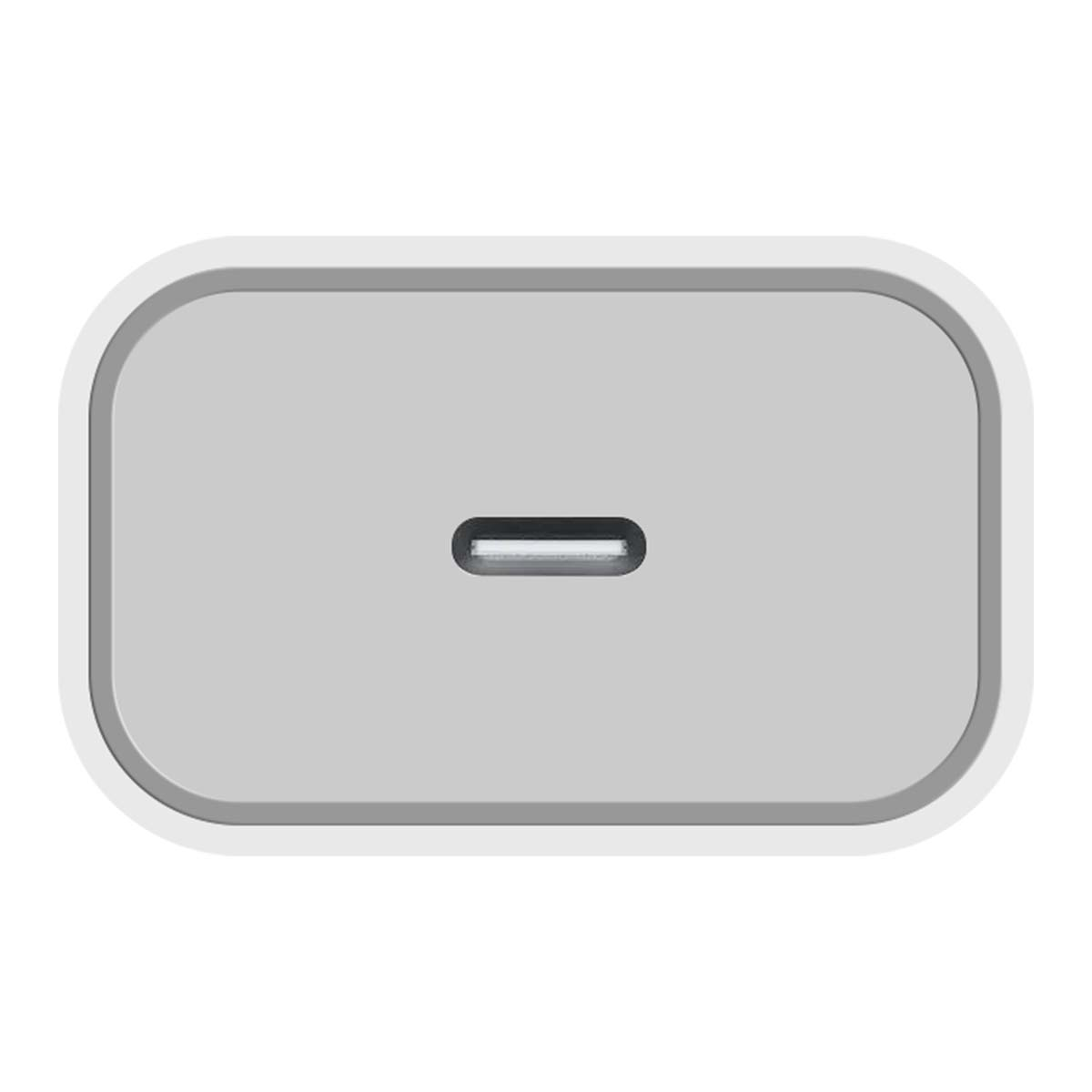 Un caricabatterie rettangolare bianco con centro grigio. Una piccola porta oblunga grigio scuro è centrata.