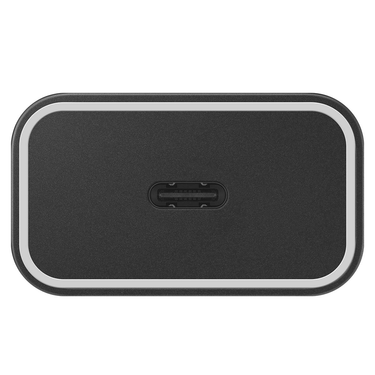 Un dispositivo rettangolare nero con una porta USB-C al centro. Ha un bordo bianco e una superficie strutturata grigio scuro.