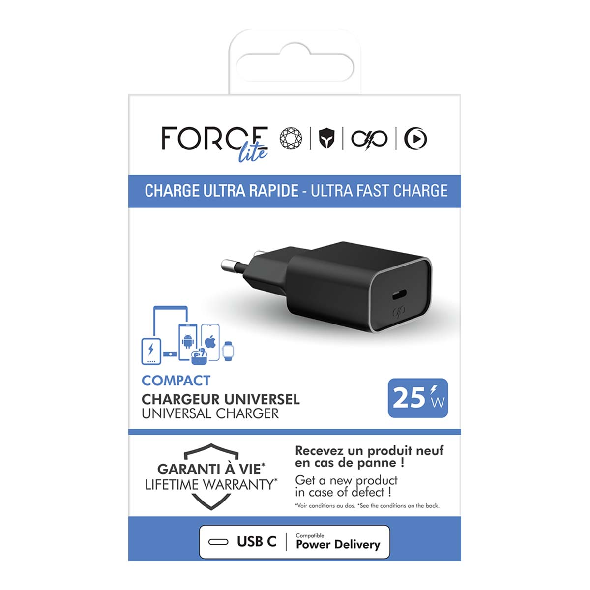 Un caricabatterie universale Force Lite nero nella sua confezione. Ha una porta USB-C e supporta Power Delivery. È un caricabatterie compatto da 25W.