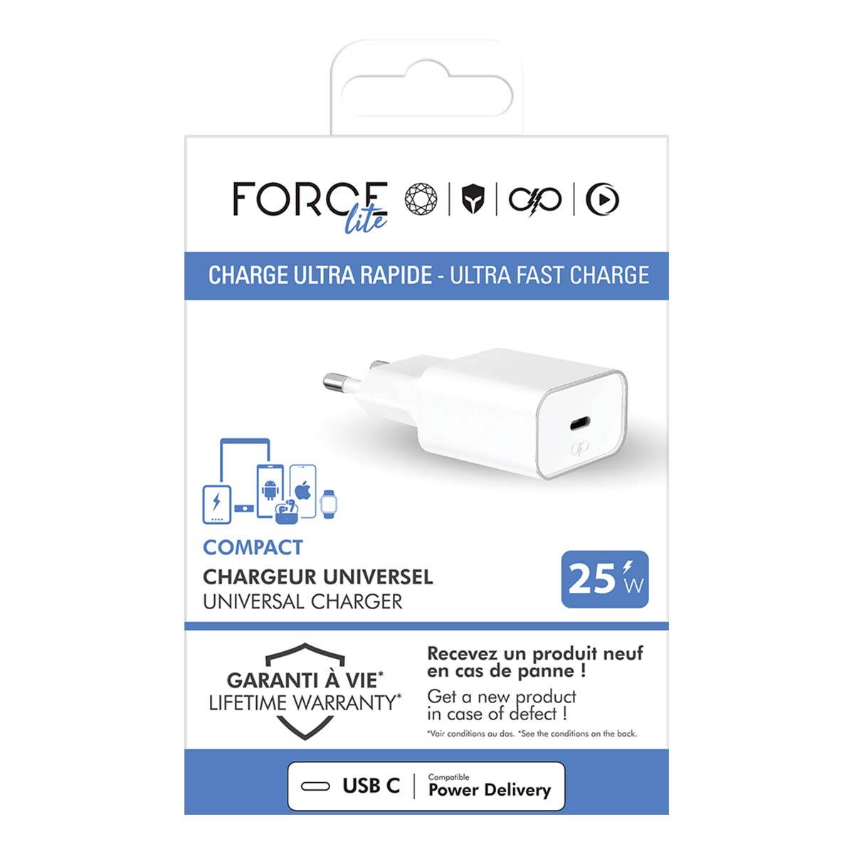 Un caricatore USB-C Force Lite bianco sulla sua confezione. Il testo include 'Ultra Fast Charge', 'Lifetime Warranty' e '25W'.