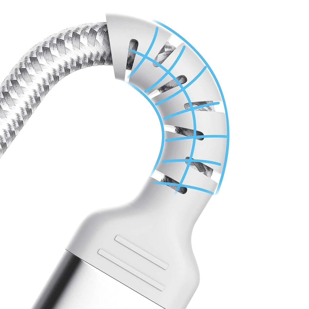 Un cavo bianco e argento con un design curvo. Linee a griglia blu evidenziano la sezione curva. L'estremità del cavo è visibile.