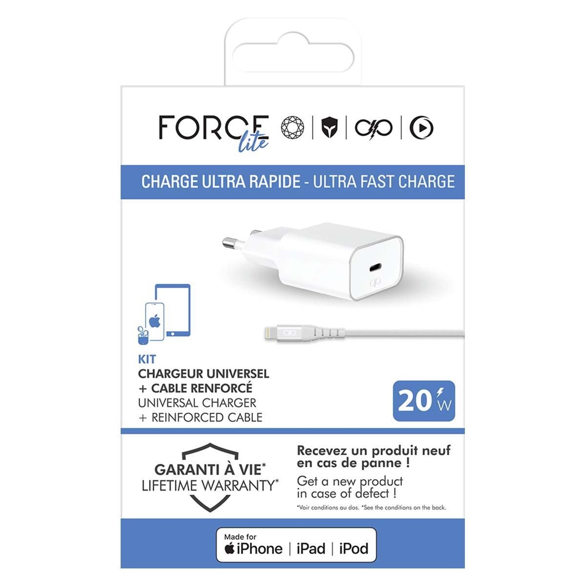 Una confezione mostra un caricatore e un cavo bianchi. Il testo include 'FORCE lite', 'ULTRA FAST CHARGE' e 'LIFETIME WARRANTY'.