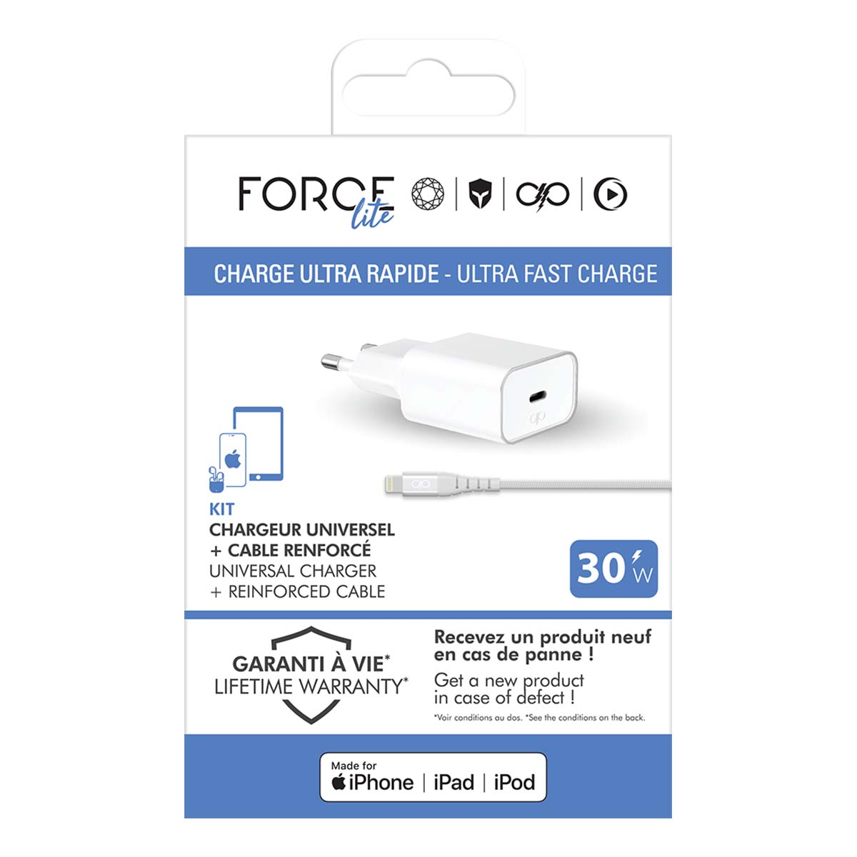Kit chargeur Force Lite blanc pour iPhone, iPad et iPod. Comprend chargeur, câble et garantie à vie. Offre une charge rapide.