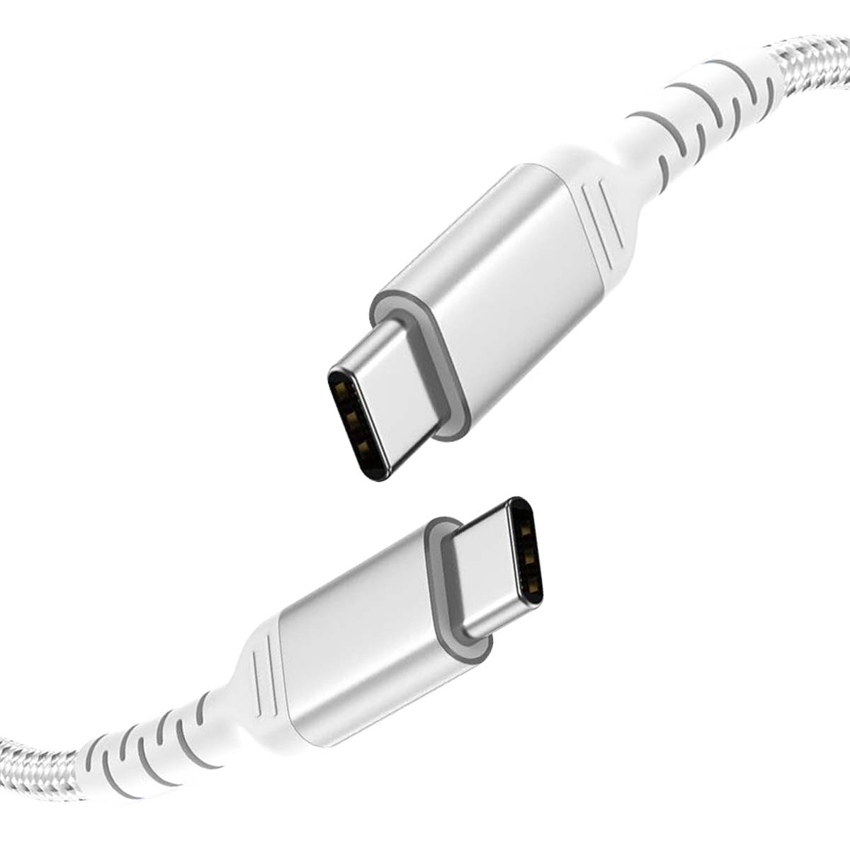 Due cavi USB-C bianchi con connettori argentati. I connettori sono rivolti l'uno lontano dall'altro su sfondo bianco.