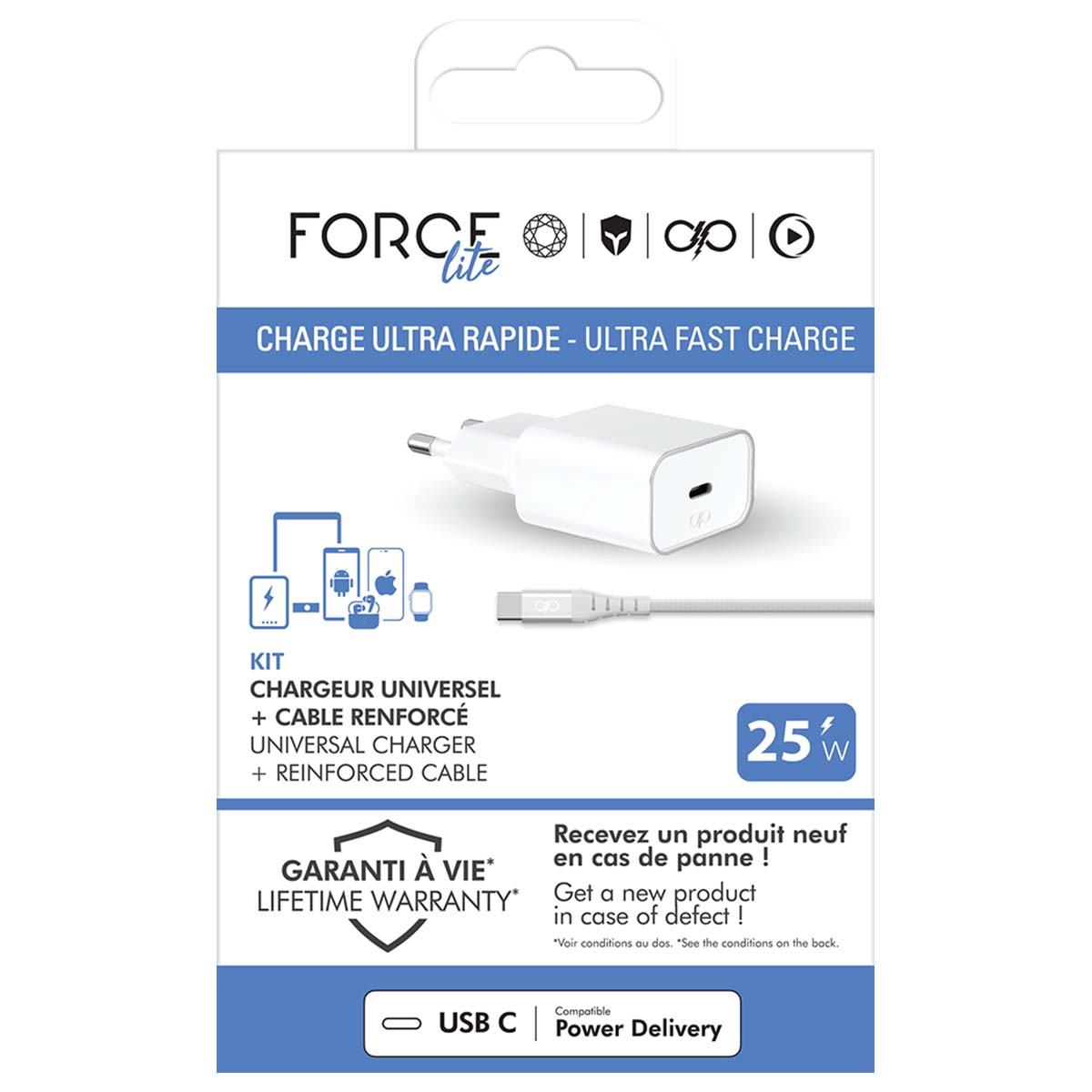 Kit caricabatterie per telefono bianco su una scatola bianca. Ha un cavo e la scatola dice "Ultra Fast Charge" con informazioni sulla garanzia.