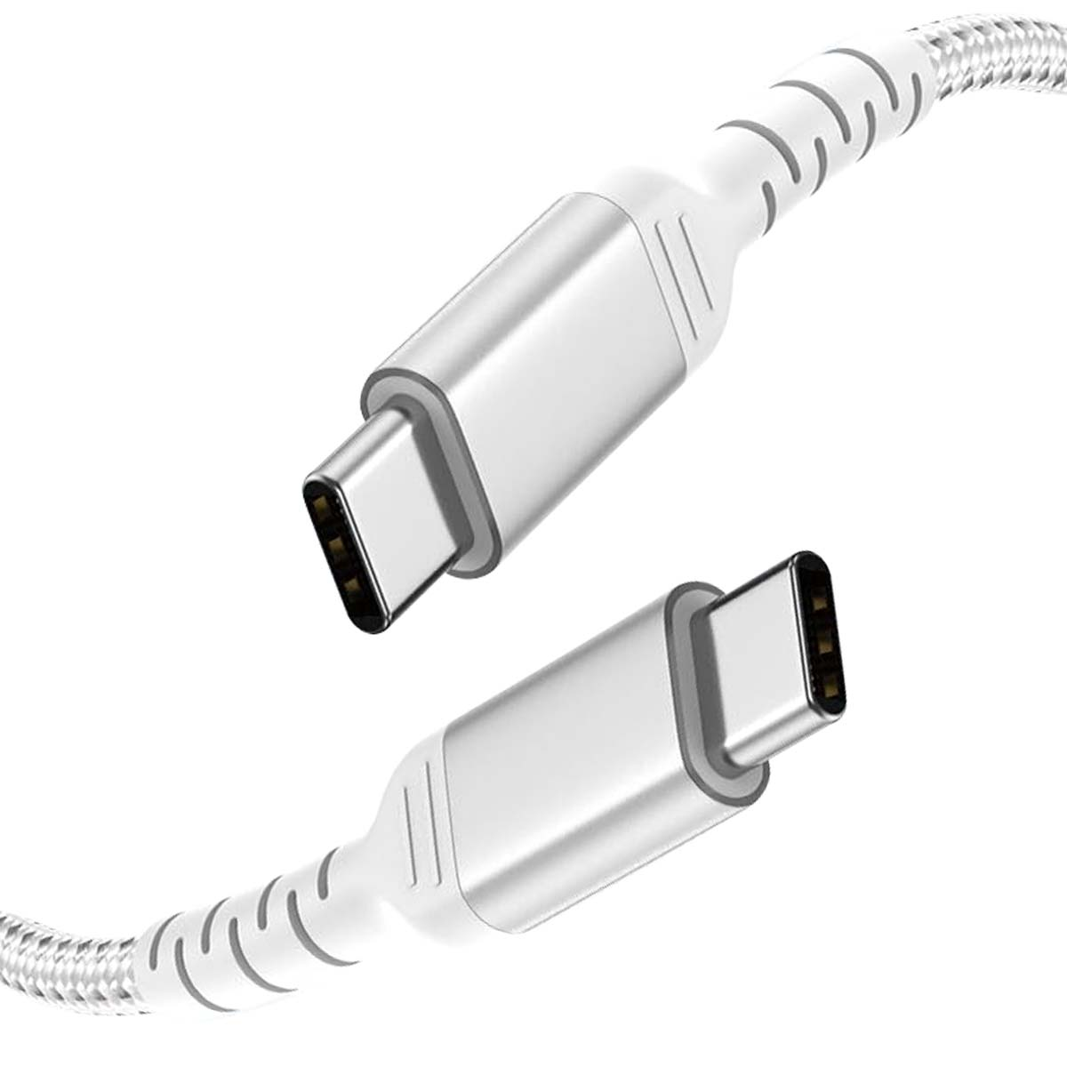 Due cavi USB-C su sfondo bianco. I connettori sono argentati, i cavi bianchi e intrecciati.