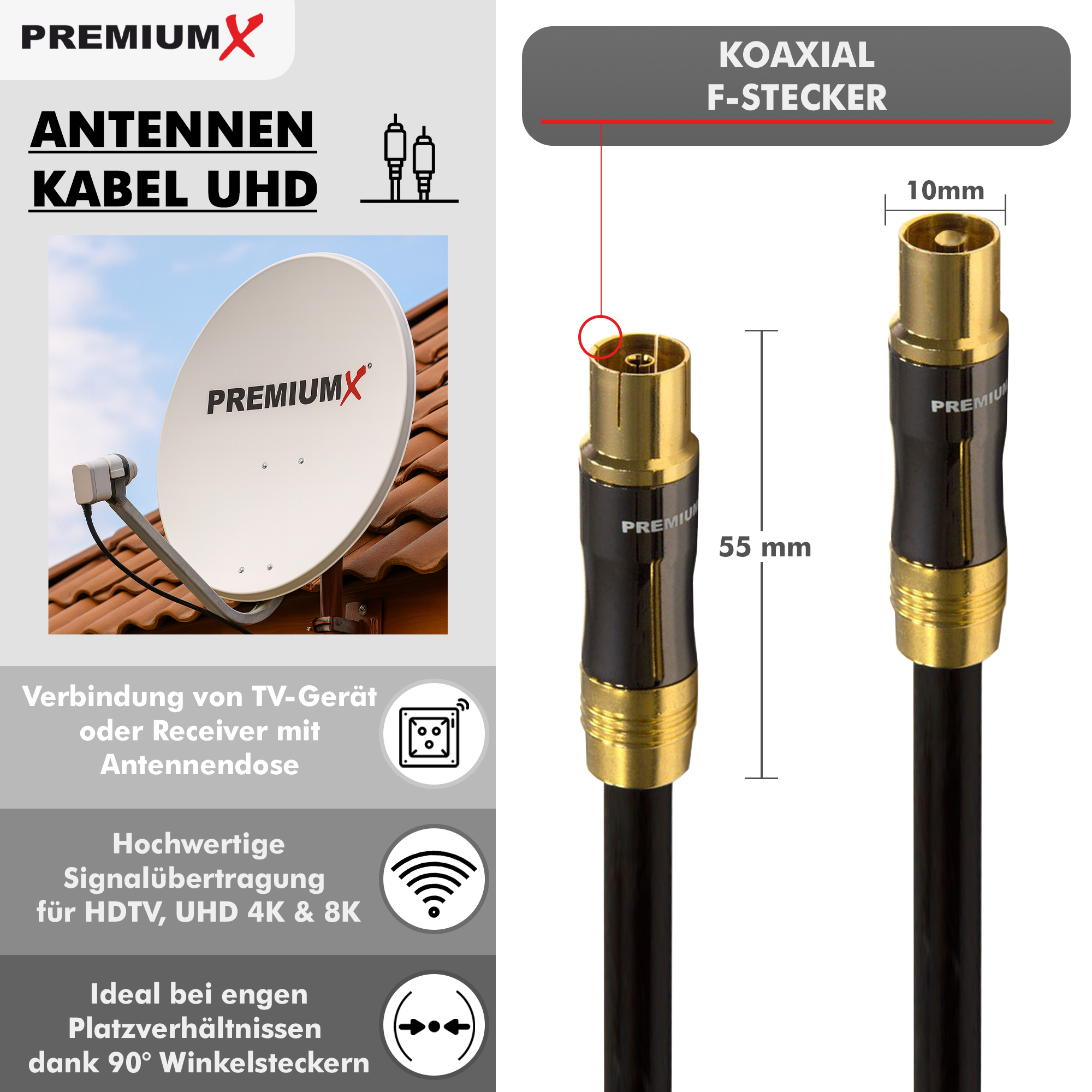 Das Bild zeigt ein Koaxialkabel mit F-Stecker, Satellitenschüssel und Produktdetails, die eine hochwertige Signalübertragung bewerben.