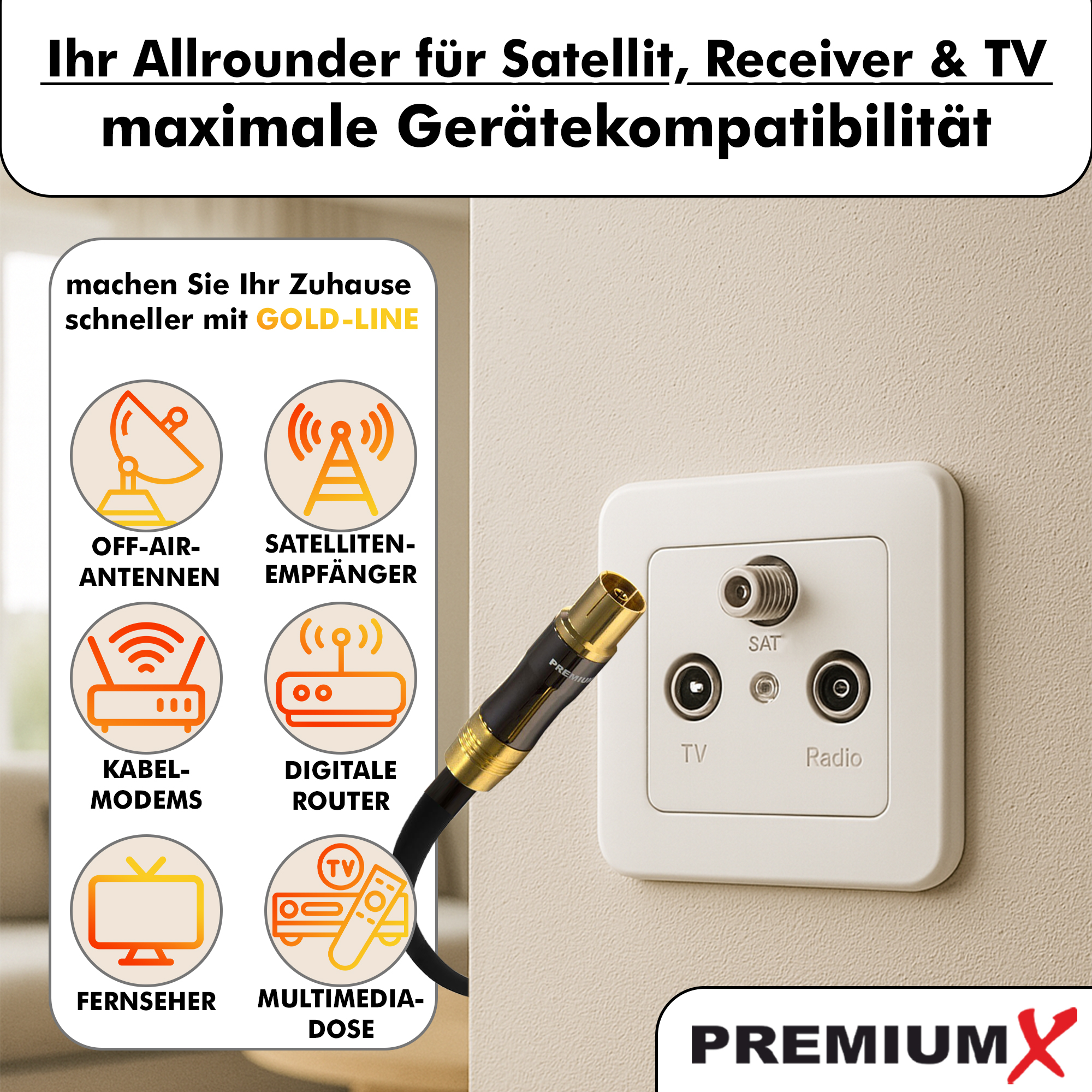 Das Bild zeigt ein Kabel, das in eine Wandsteckdose mit der Aufschrift TV, Radio und SAT eingesteckt ist. Informationssymbole sind links.