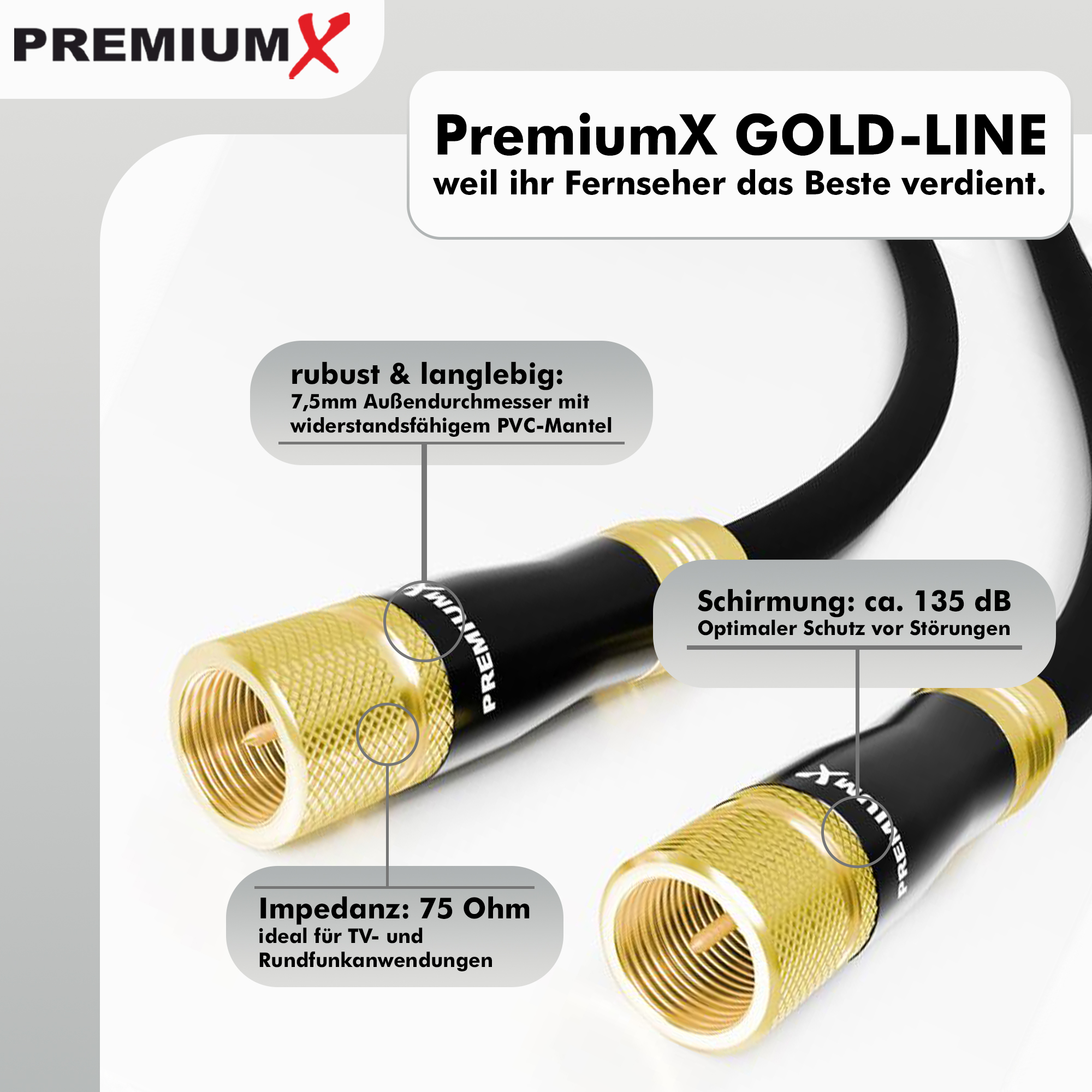 Nahaufnahme eines PremiumX Gold-Line Kabels. Goldener Stecker, schwarzes Kabel und weißer Hintergrund. Text beschreibt Features.