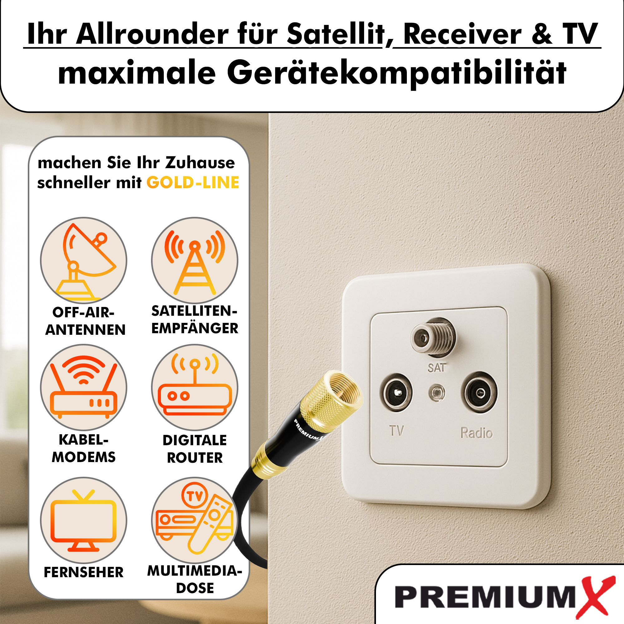 Das Bild zeigt ein Kabel, das an eine Wandsteckdose mit der Aufschrift SAT, TV, Radio angeschlossen ist. Informationssymbole verschiedener Geräte sind links.