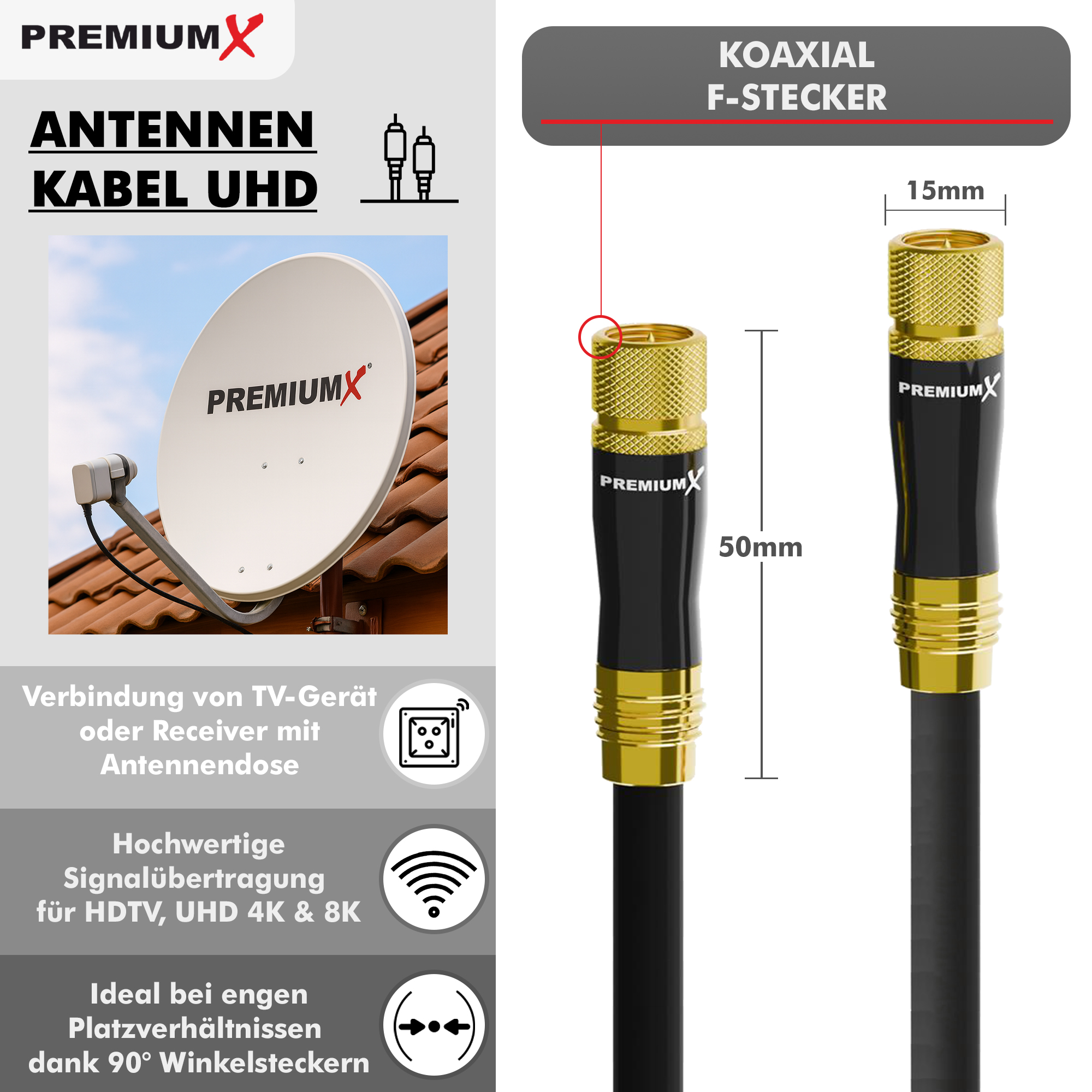 Das Bild zeigt eine Satellitenschüssel, ein Koaxialkabel und Text über Antennenkabel UHD und seine Eigenschaften.
