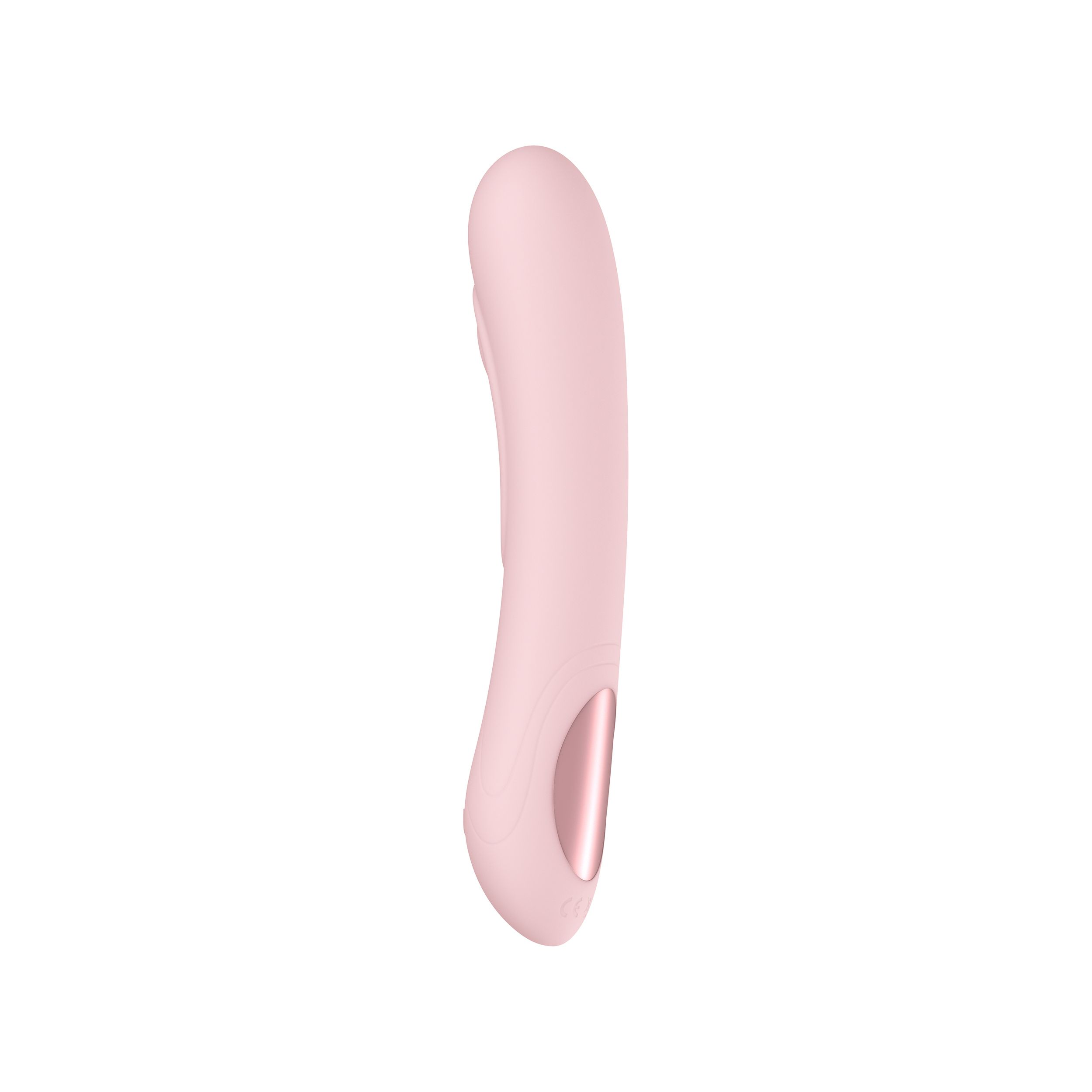 Ein rosa Sexspielzeug ist auf weißem Hintergrund isoliert. Es hat eine gebogene Form mit einem roségoldenen Akzent.