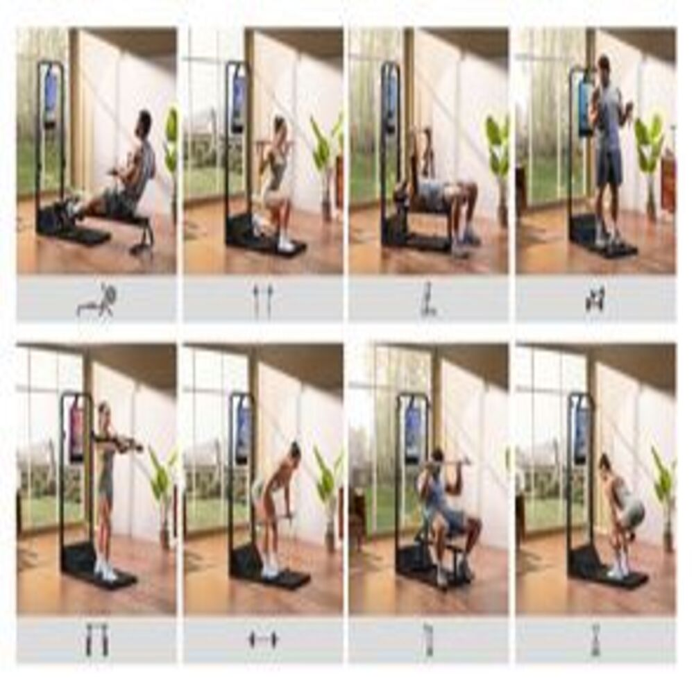 Collage mit verschiedenen Übungen mit einem intelligenten Fitnessgerät. Menschen trainieren verschiedene Übungen wie Kniebeugen und Bankdrücken.
