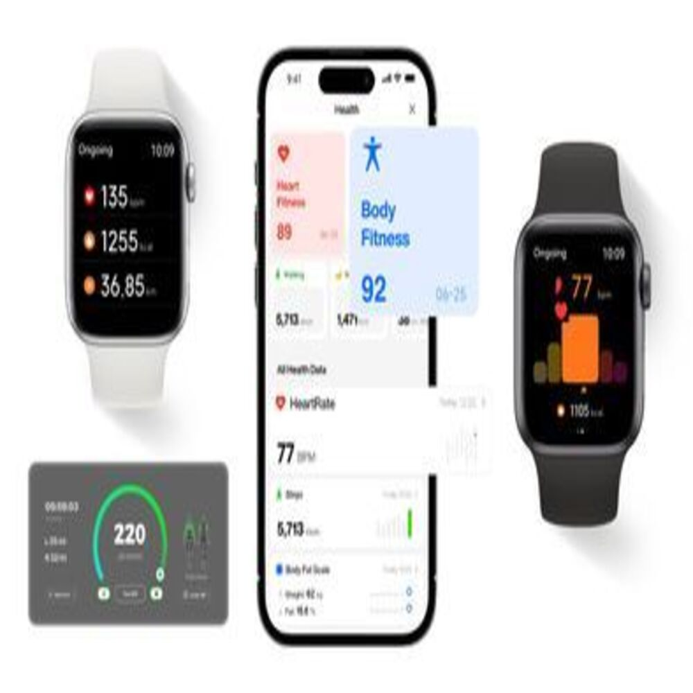 Das Bild zeigt drei Geräte, die Gesundheitsdaten anzeigen: zwei Smartwatches und ein Smartphone. Das Smartphone zeigt Herzfrequenz, Schritte und Fitness an.
