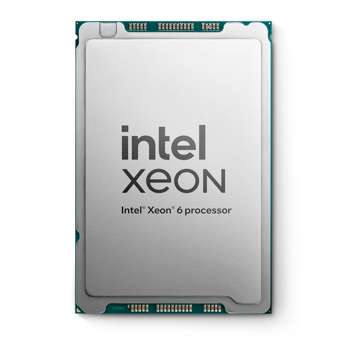 Primo piano di un processore Intel Xeon 6. Il processore è grigio con il logo e il testo Intel Xeon.