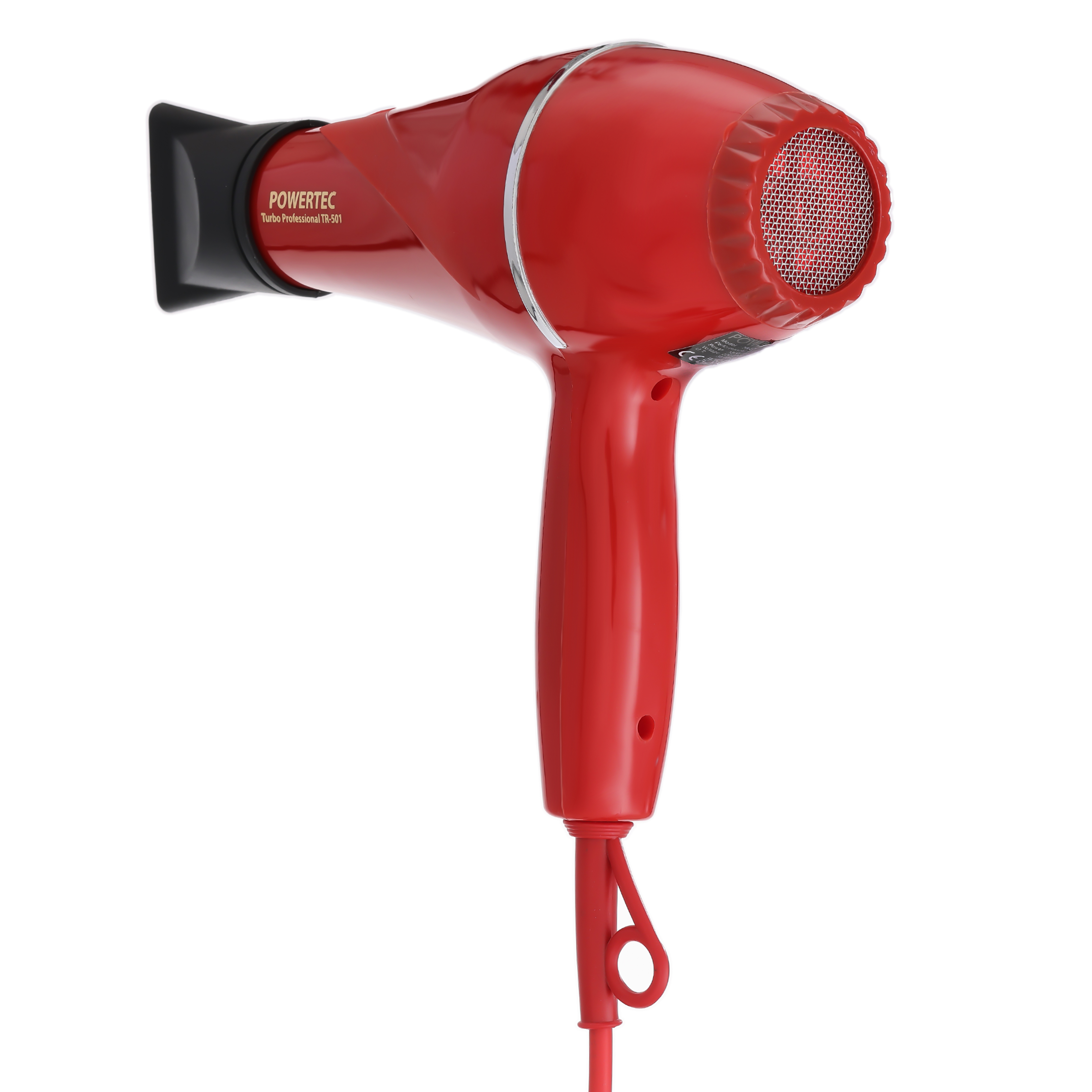 Siyah başlığı ve kırmızı güç kablosu olan kırmızı bir saç kurutma makinesi. Marka POWERTEC.