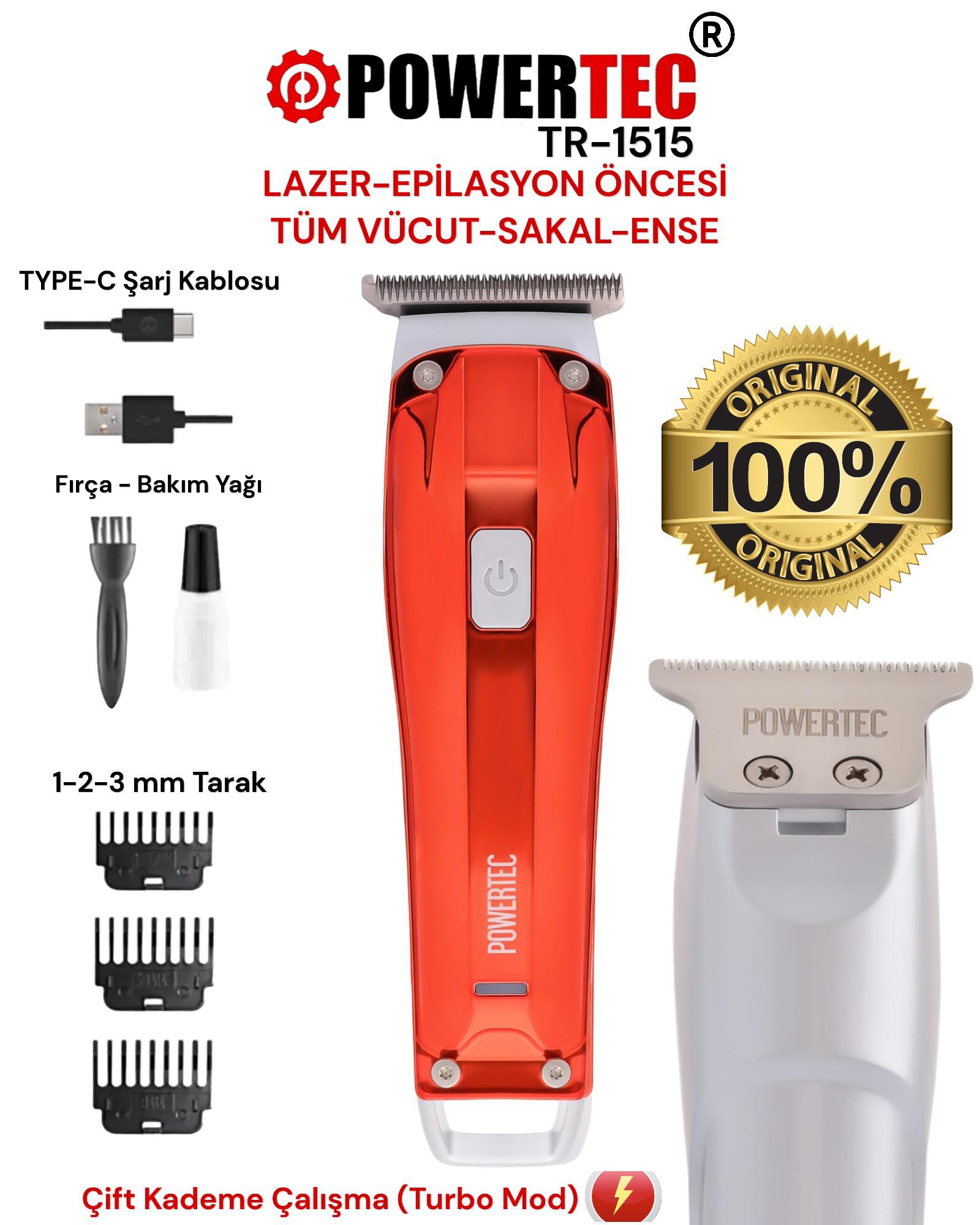 POWERTEC TR-1515 Sakal Ense Vücut Tıraş Makinesi Kırmızı