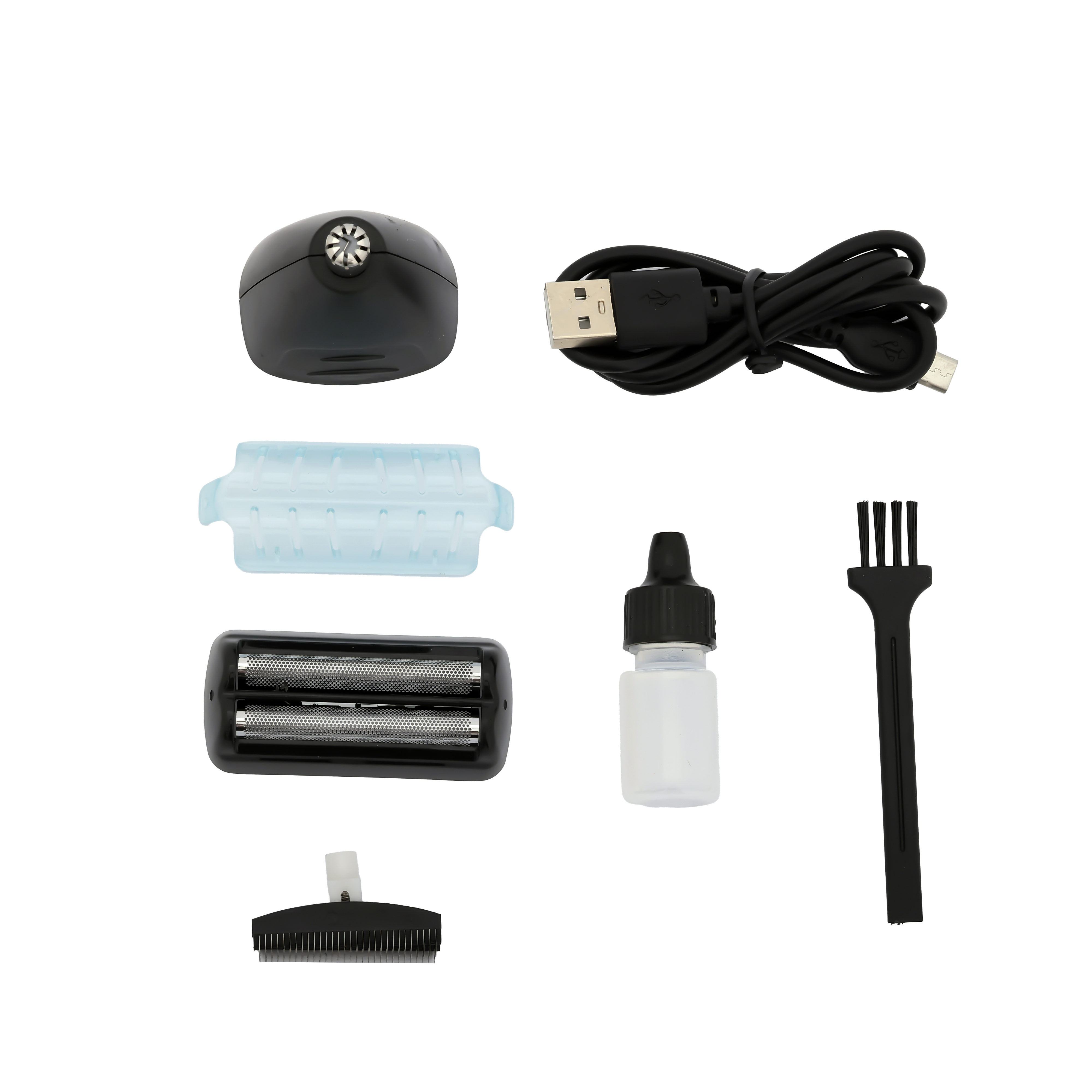 Elektrikli tıraş makinesi parçaları: başlık, bıçak, mavi koruyucu, yağ şişesi, USB kablosu, fırça ve temizleme aracı.
