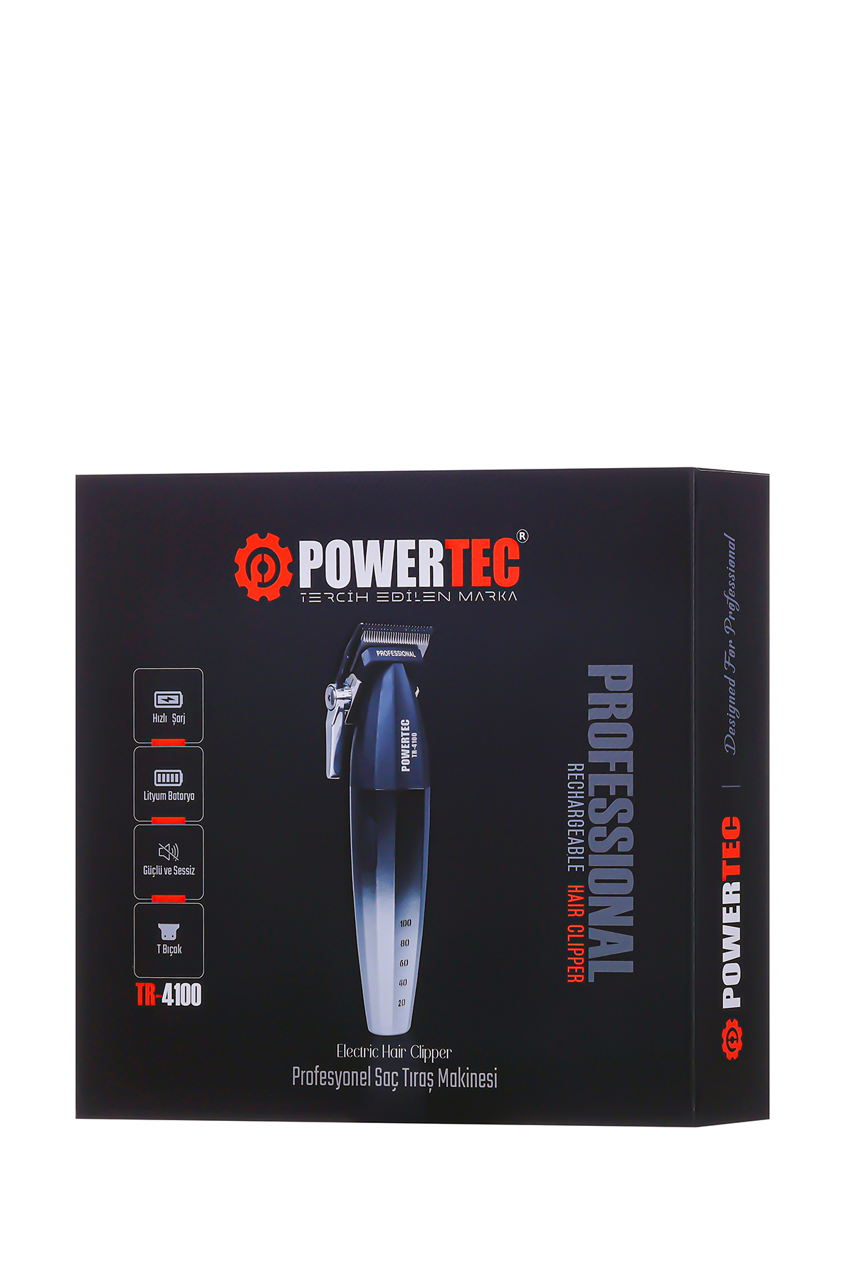 Powertec TR-4100 elektrikli saç kesme makinesi kutusu. Ürün detaylarını içeren siyah kutu, makine dahil.