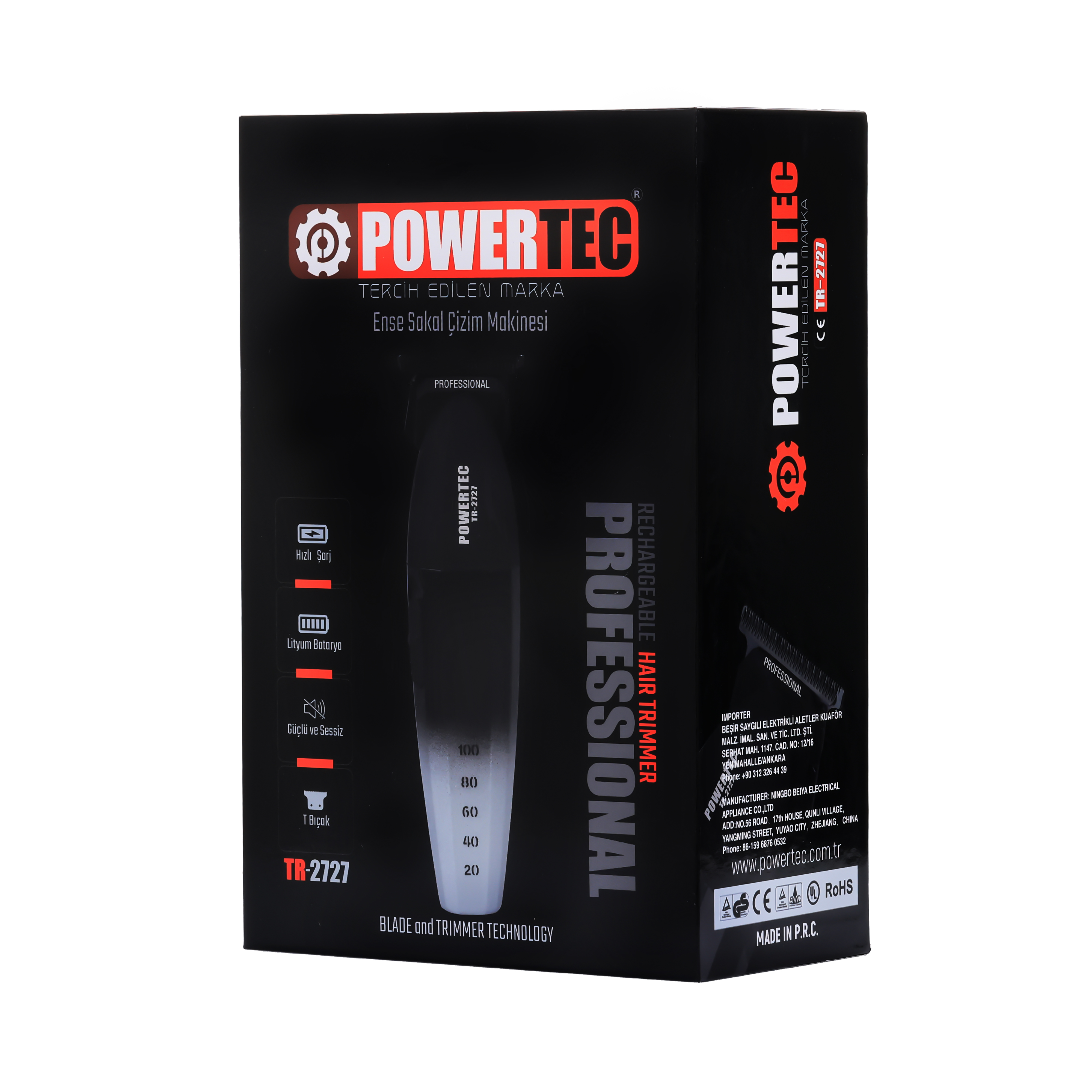 POWERTEC logolu, metinli ve saç kesme makinesi illüstrasyonlu siyah kutu. Kutu ayrıca ürün bilgilerini de içerir.
