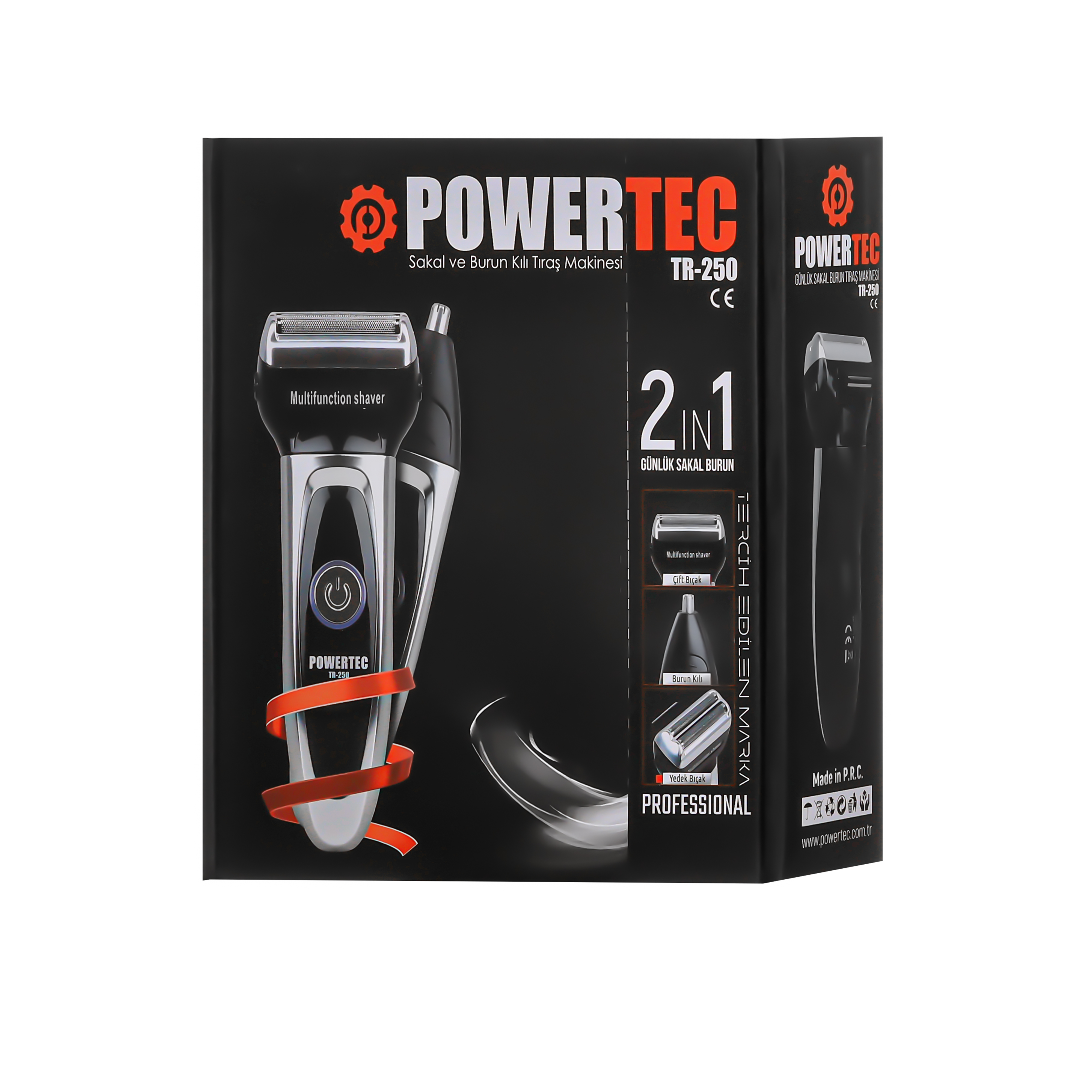 Bir Powertec tıraş makinesi kutusu. Sol tarafta tıraş makinesi ve sağ tarafta metin bulunan siyah bir arka planı var.