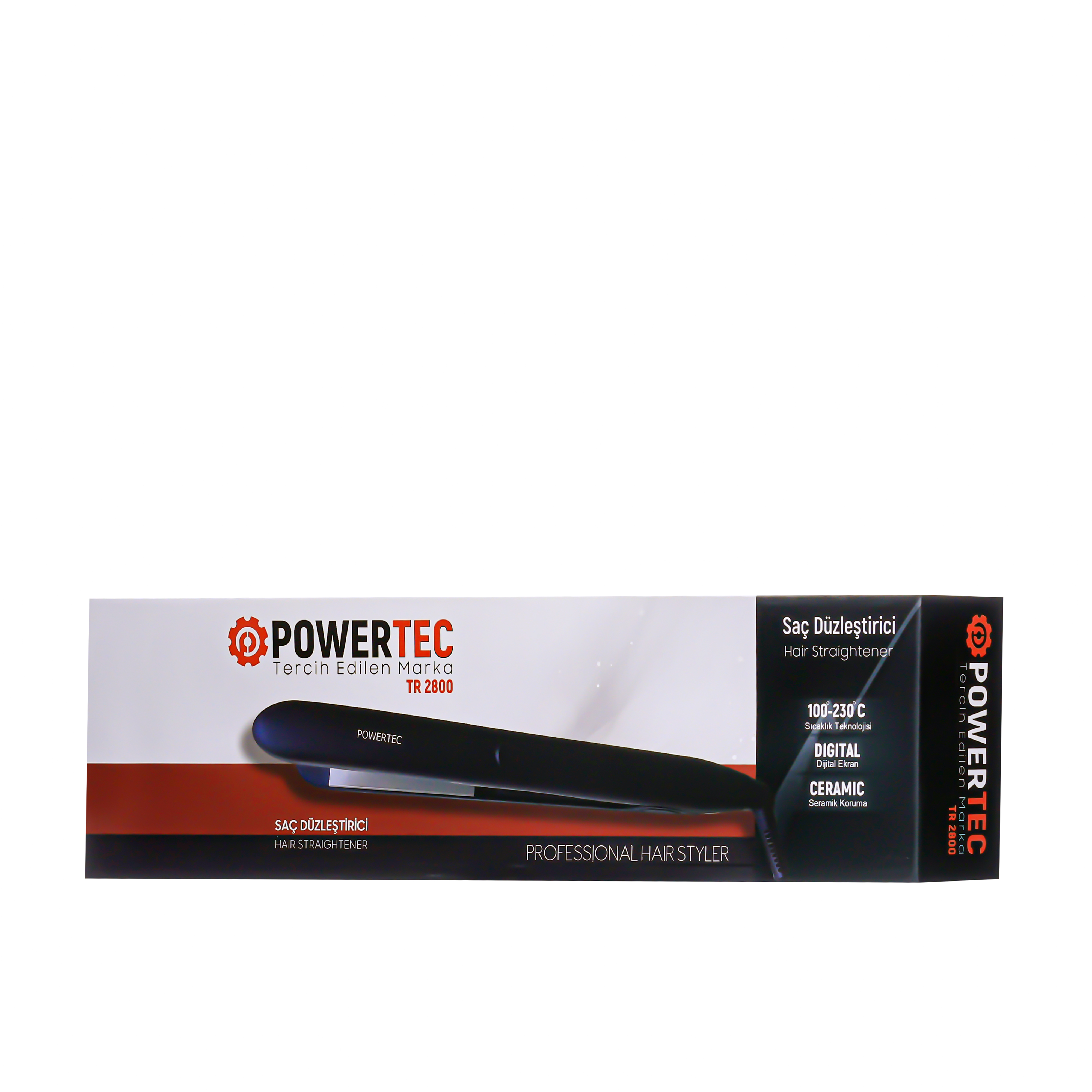 Powertec saç düzleştirici kutusu. Türkçe ve İngilizce metin içerir. Siyah bir düzleştiriciye sahiptir.