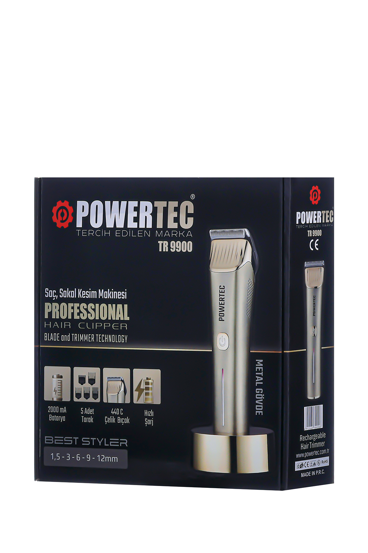 Powertec saç kesme makinesi kutusu. Metal gövdeli profesyonel bir saç kesme makinesi. Kutunun üzerindeki metin TR 9900 yazıyor.