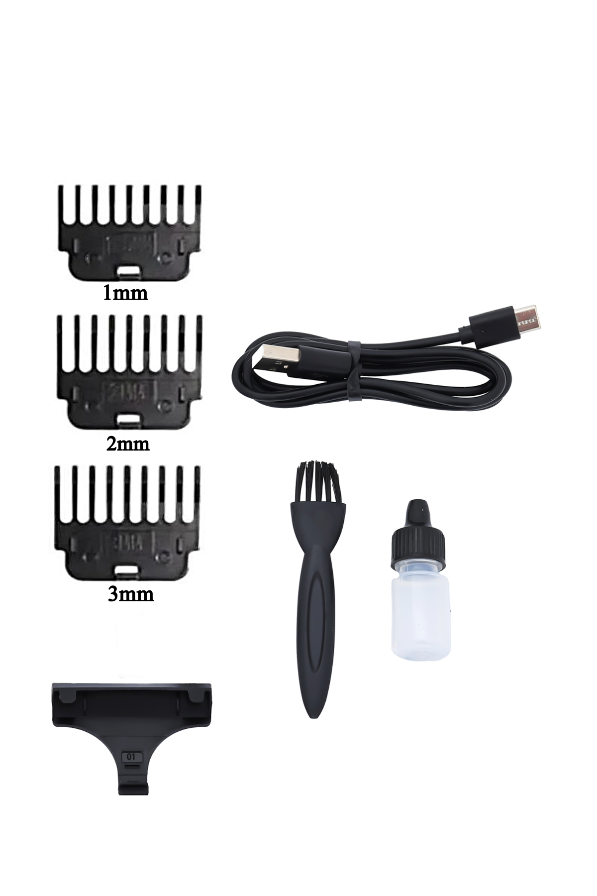 Siyah saç kesme makinesi aparatları, bir USB kablosu, temizleme fırçası ve yağ şişesi beyaz bir yüzeyde sergileniyor.