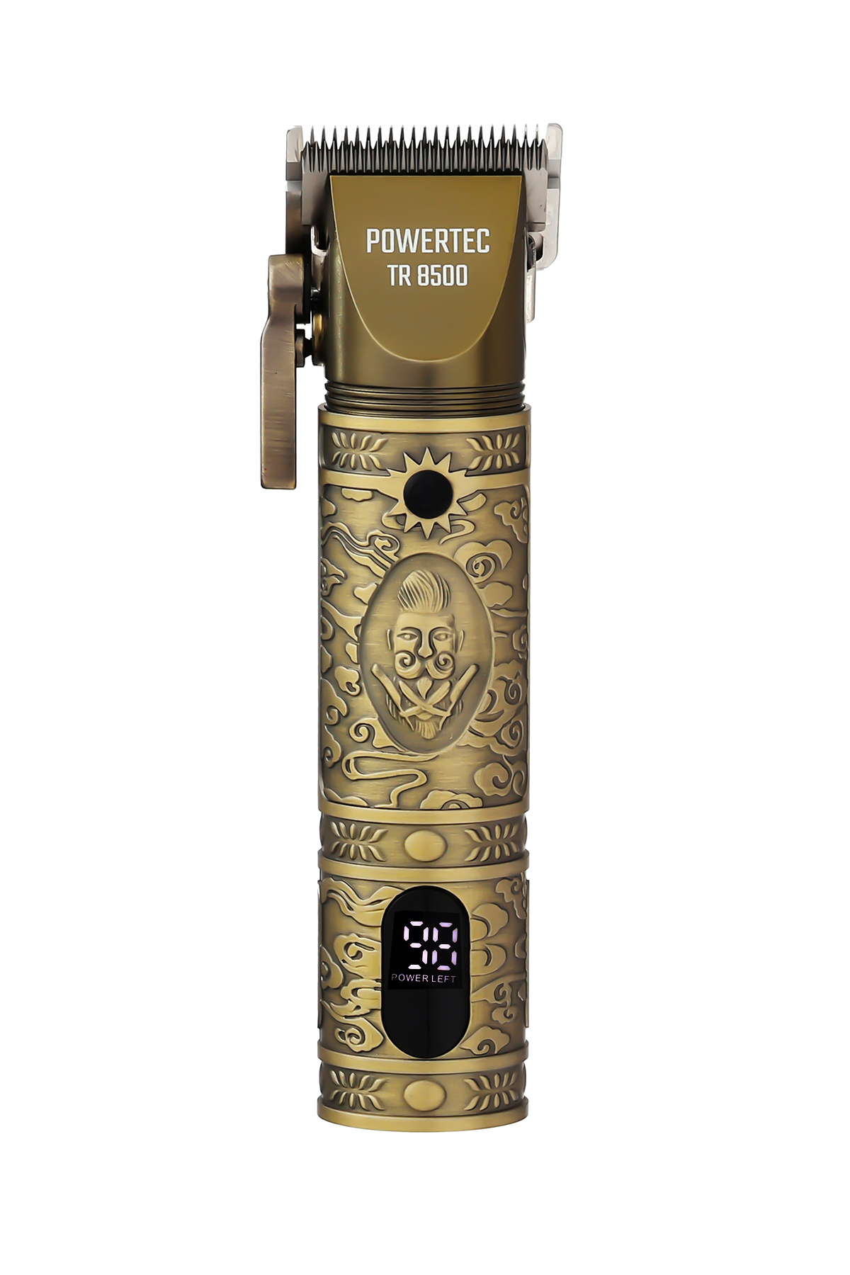 Süslemeli tasarıma sahip altın rengi bir saç kesme makinesi. 'POWERTEC TR 8500' ve dijital güç seviyesi göstergesi içerir.