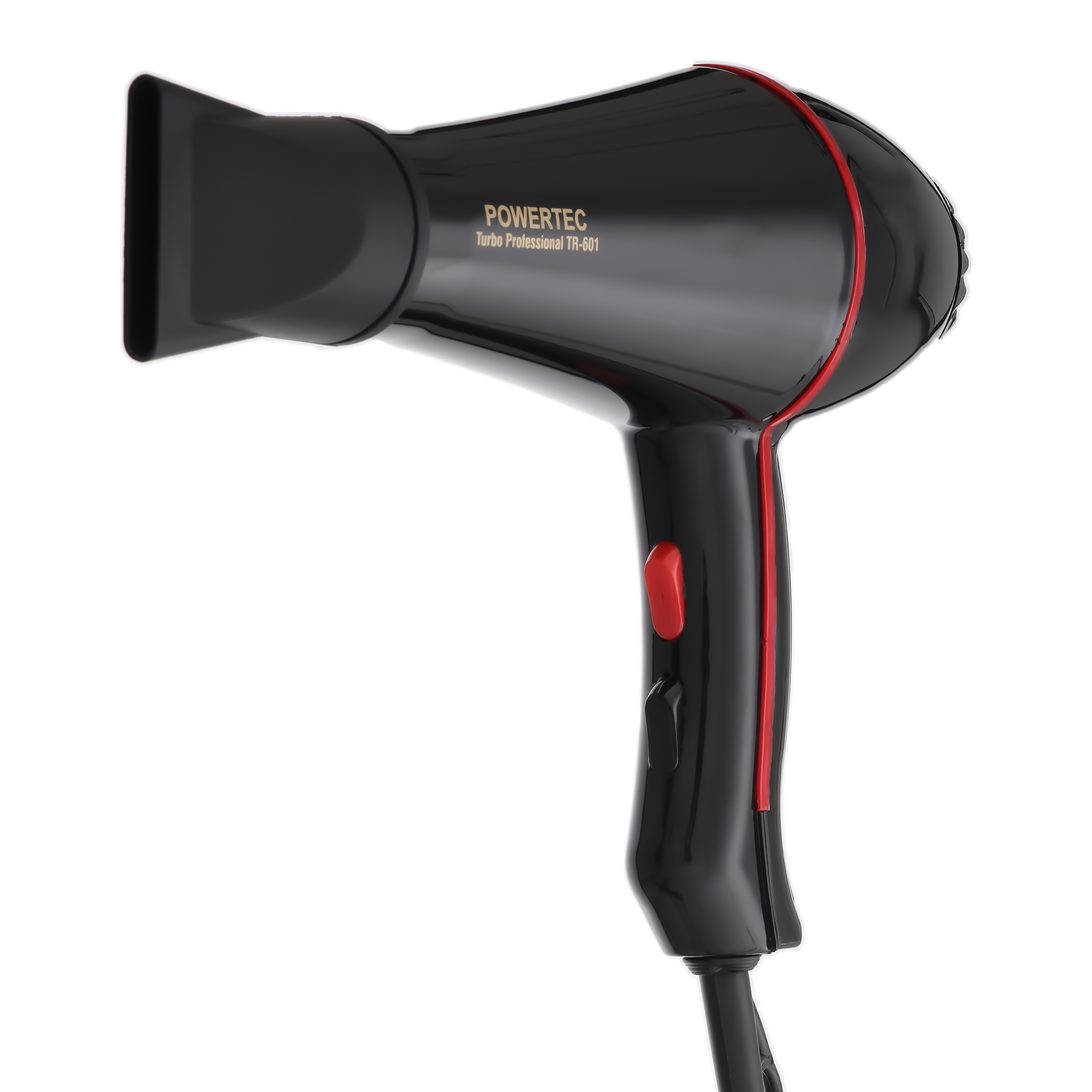 Kırmızı detaylı siyah saç kurutma makinesi. POWERTEC markası ve TR-601 modeli.