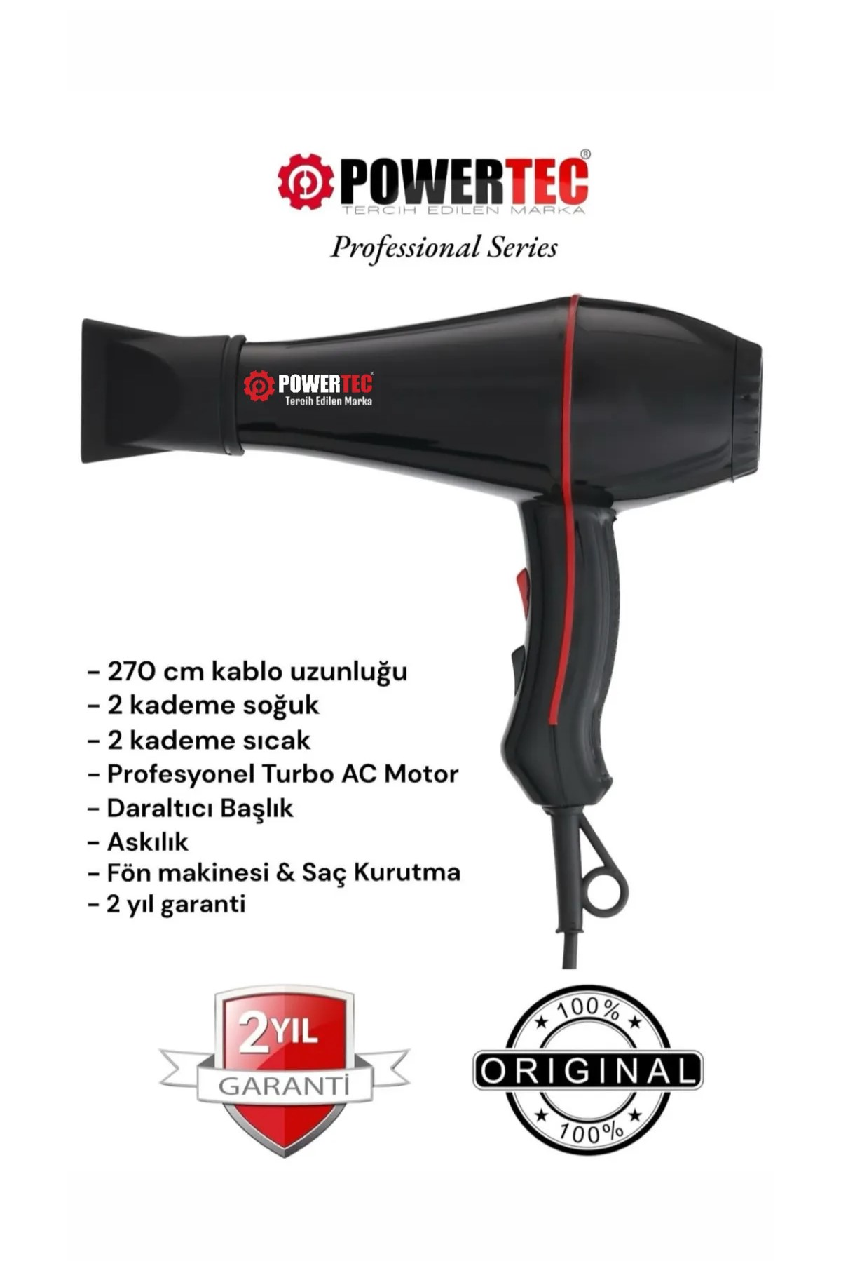 Kırmızı detaylı siyah Powertec saç kurutma makinesi. Çoklu ayarlar ve 2 yıl garanti içerir. Tasarımda profesyonel seri etiketi bulunmaktadır.