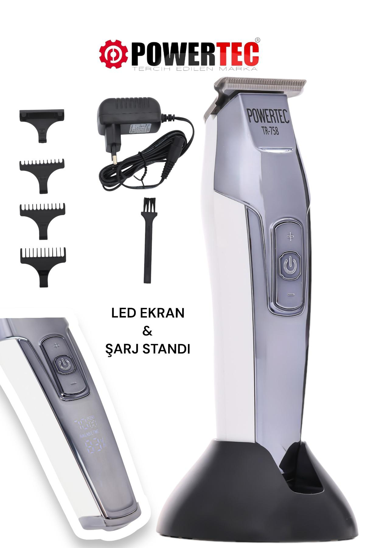 Powertec saç kesme makinesi, aksesuarlar ve şarj standı ile. Ekran, kalan süreyi gösteriyor. Siyah ve gümüş renk şeması.