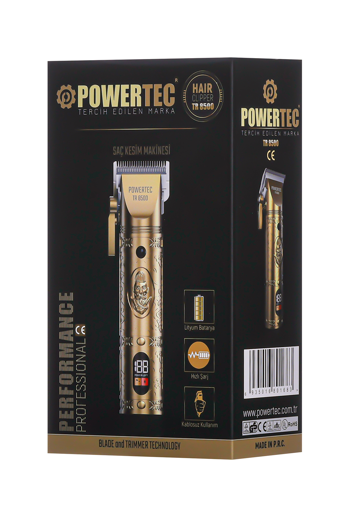 Kutuda altın renkli POWERTEC TR 8500 saç kesme makinesi var. Özellikleri: pil, hızlı şarj ve kablosuz kullanım.