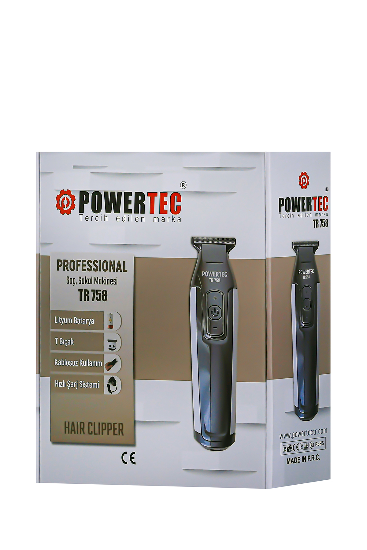 Saç kesme makinesi kutusu. POWERTEC markası, lityum pil, T bıçak ve kablosuz kullanım gibi özelliklere sahip.