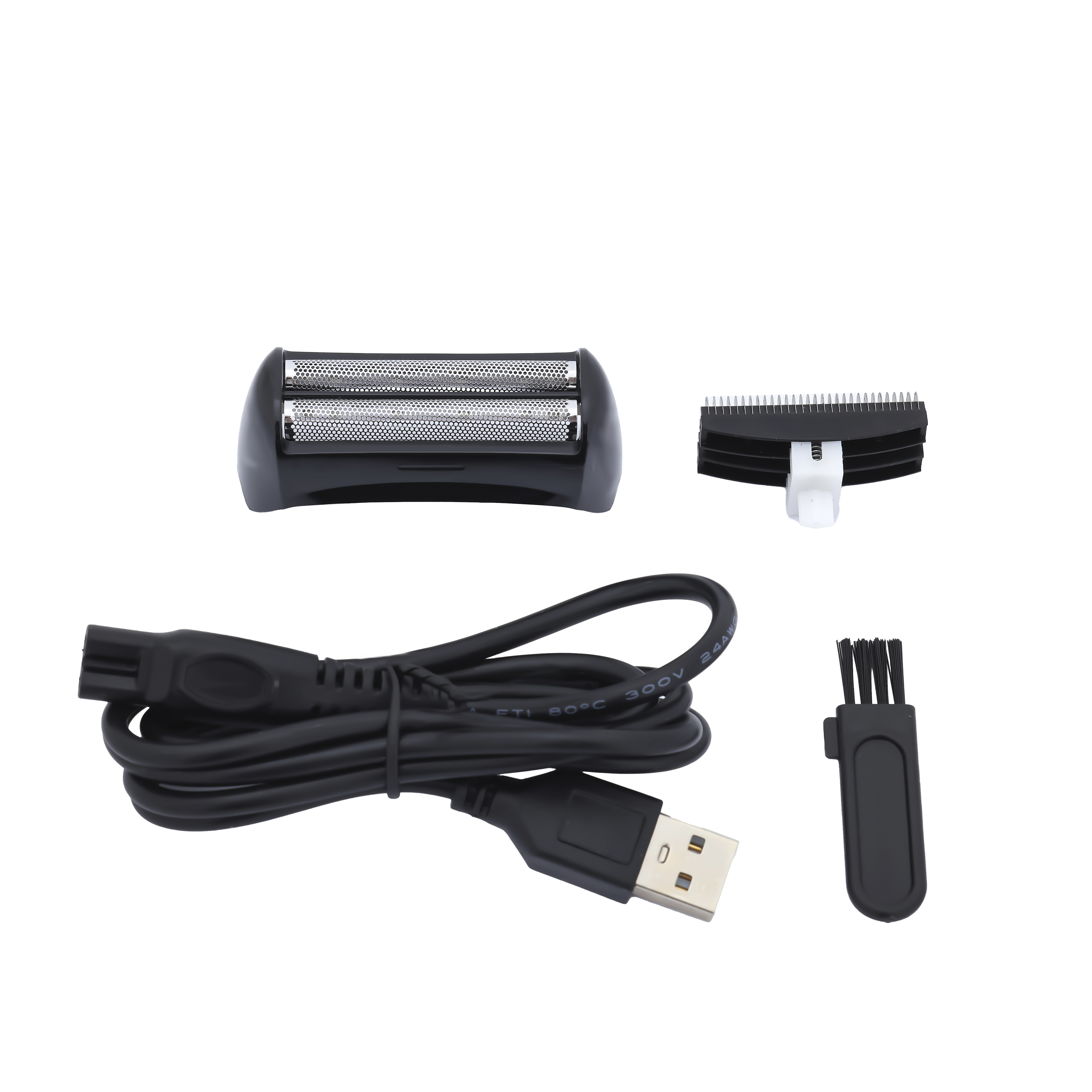 Siyah tıraş makinesi parçaları: bıçak, düzeltici, şarj kablosu, USB ve temizleme fırçası. Hepsi beyaz zemin üzerinde.